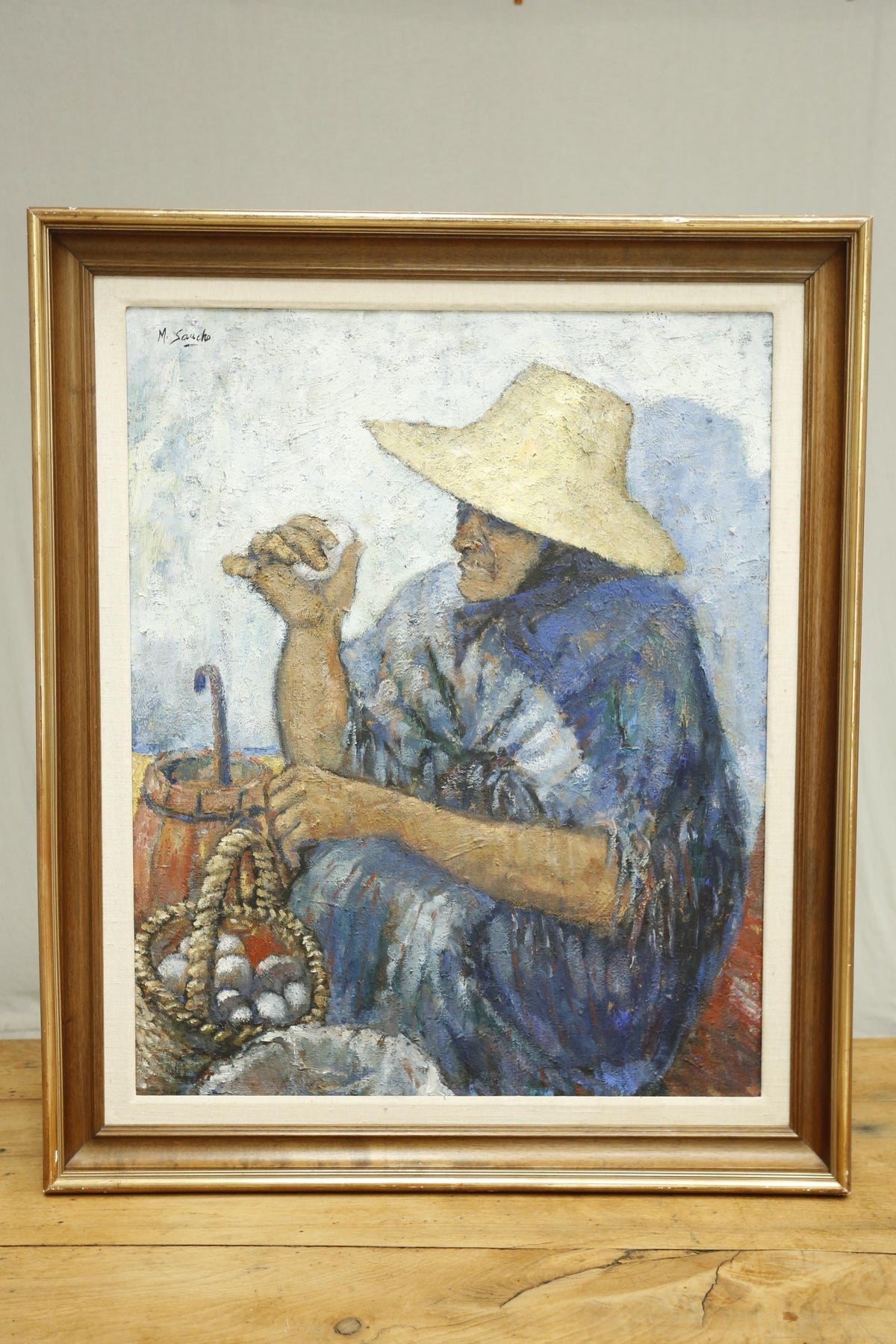 20th Century Oil on canvas of a lady selling eggs- M Sancho - TallBoy Interiors