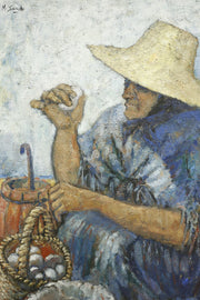 20th Century Oil on canvas of a lady selling eggs- M Sancho - TallBoy Interiors