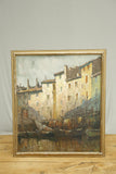 Antique Early 20th century oil painting of a French harbour scene