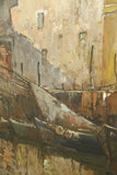 Antique Early 20th century oil painting of a French harbour scene