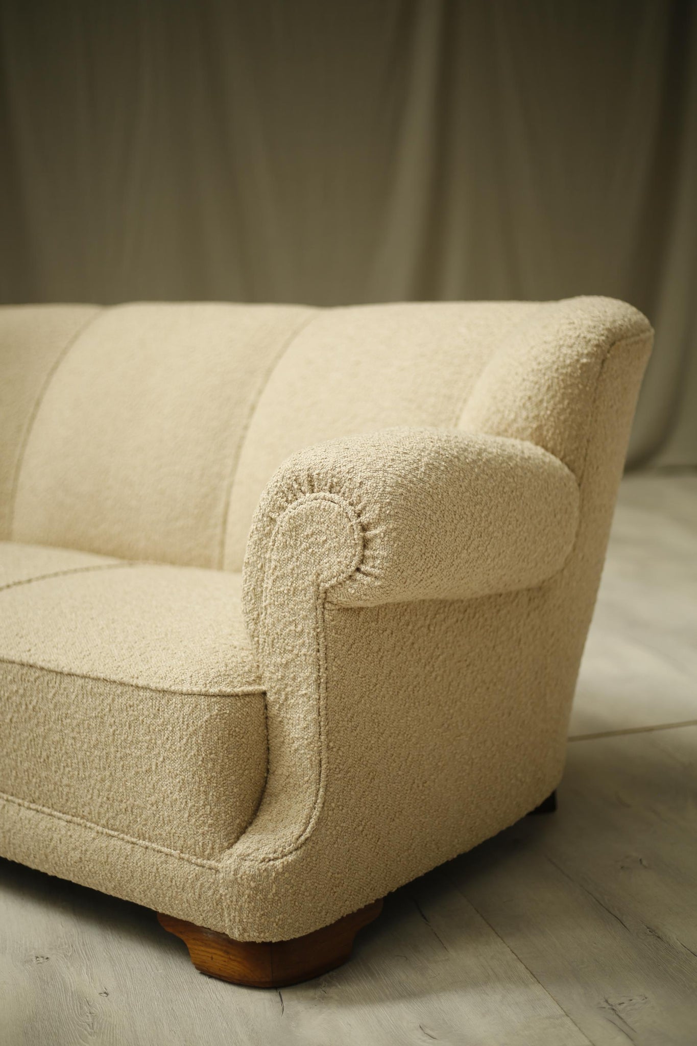 Large mid century Danish sofa upholstered in Boucle fabric - TallBoy Interiors