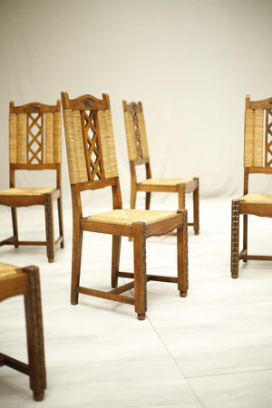 Set of 6 mid century rush seated oak dining chairs - TallBoy Interiors