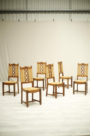 Set of 6 mid century rush seated oak dining chairs - TallBoy Interiors