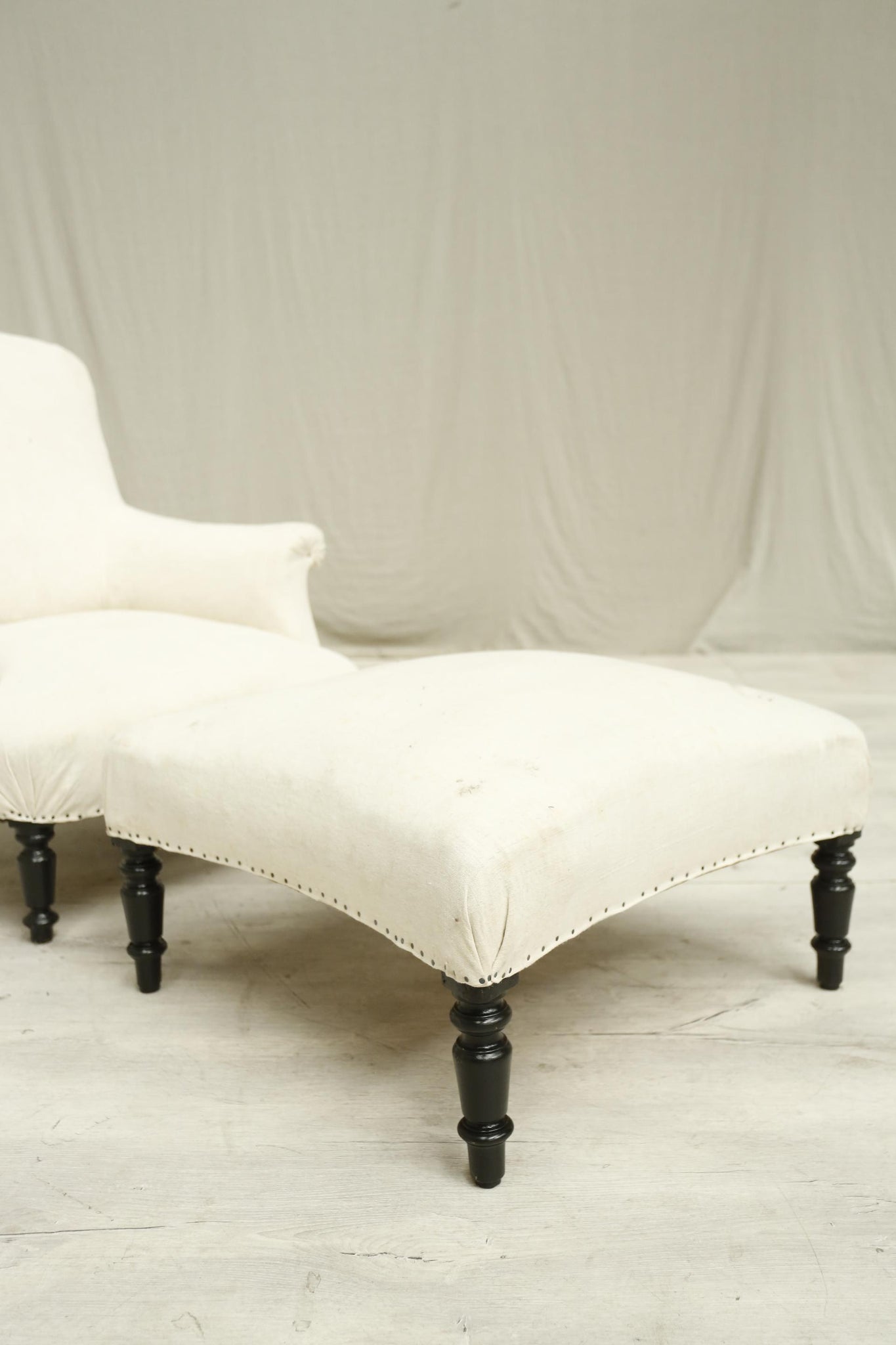 Antique French Napoleon square backed armchair with matching footstool