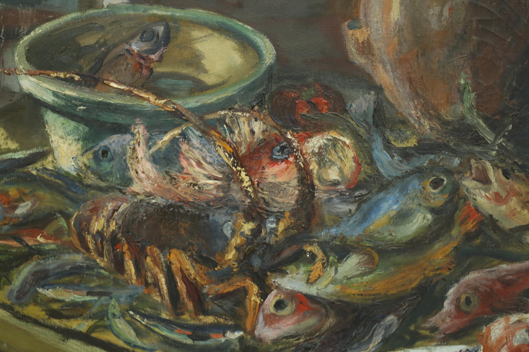 Large 20th century oil on canvas painting of seafood on a table