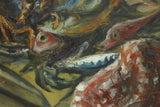 Large 20th century oil on canvas painting of seafood on a table