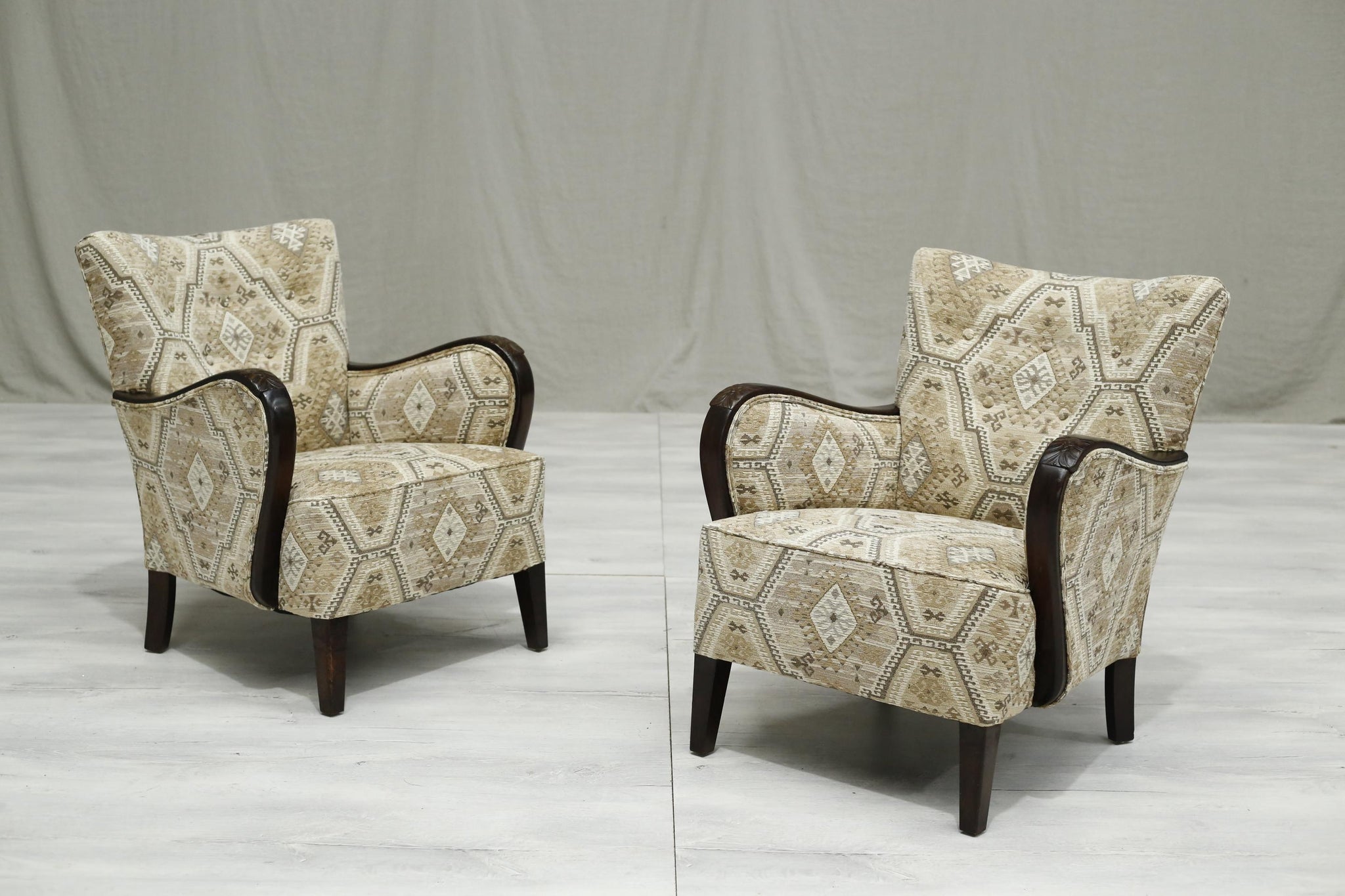 Mid century Swedish lounge chairs in Kilim fabric - TallBoy Interiors