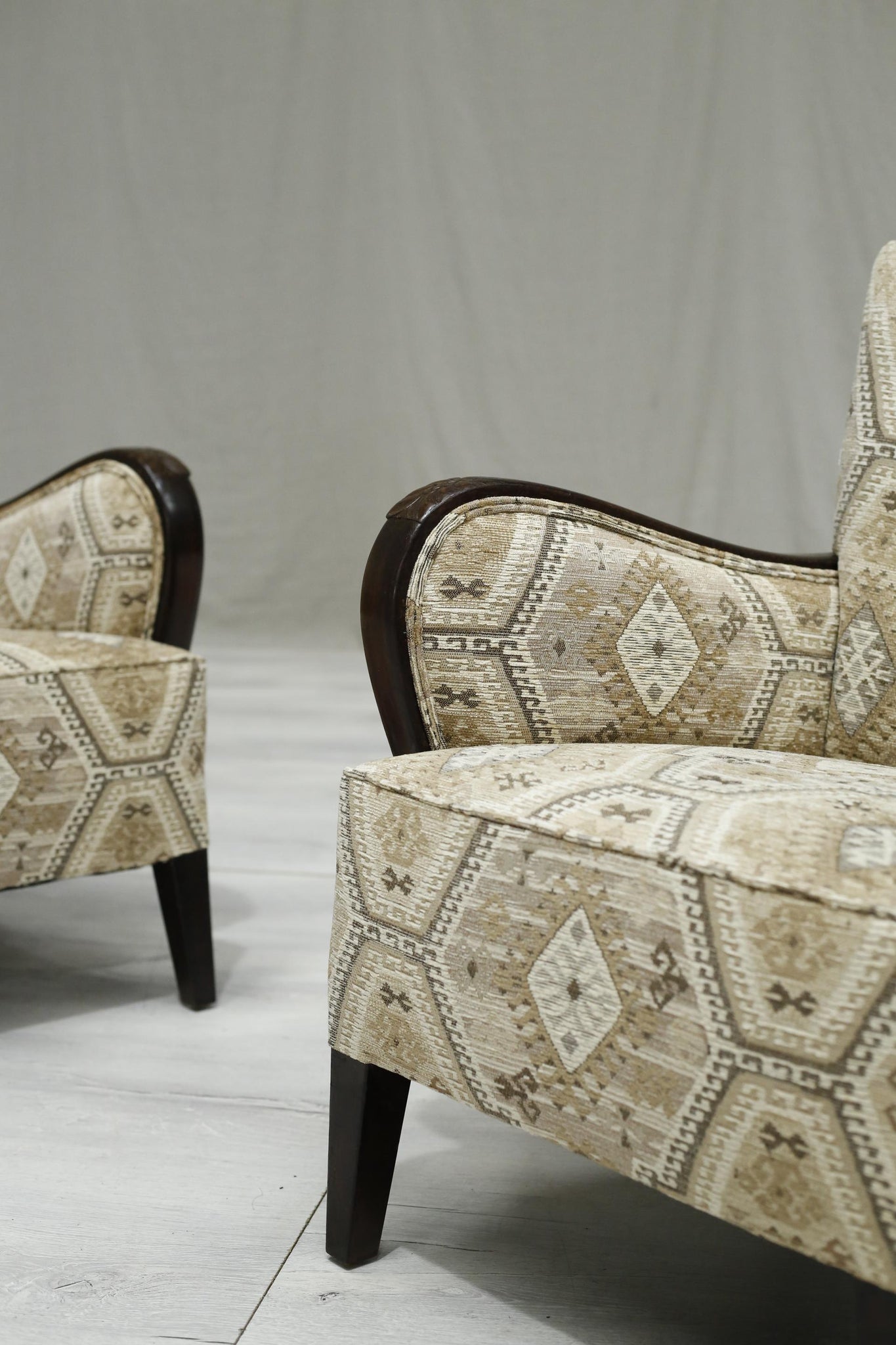 Mid century Swedish lounge chairs in Kilim fabric - TallBoy Interiors