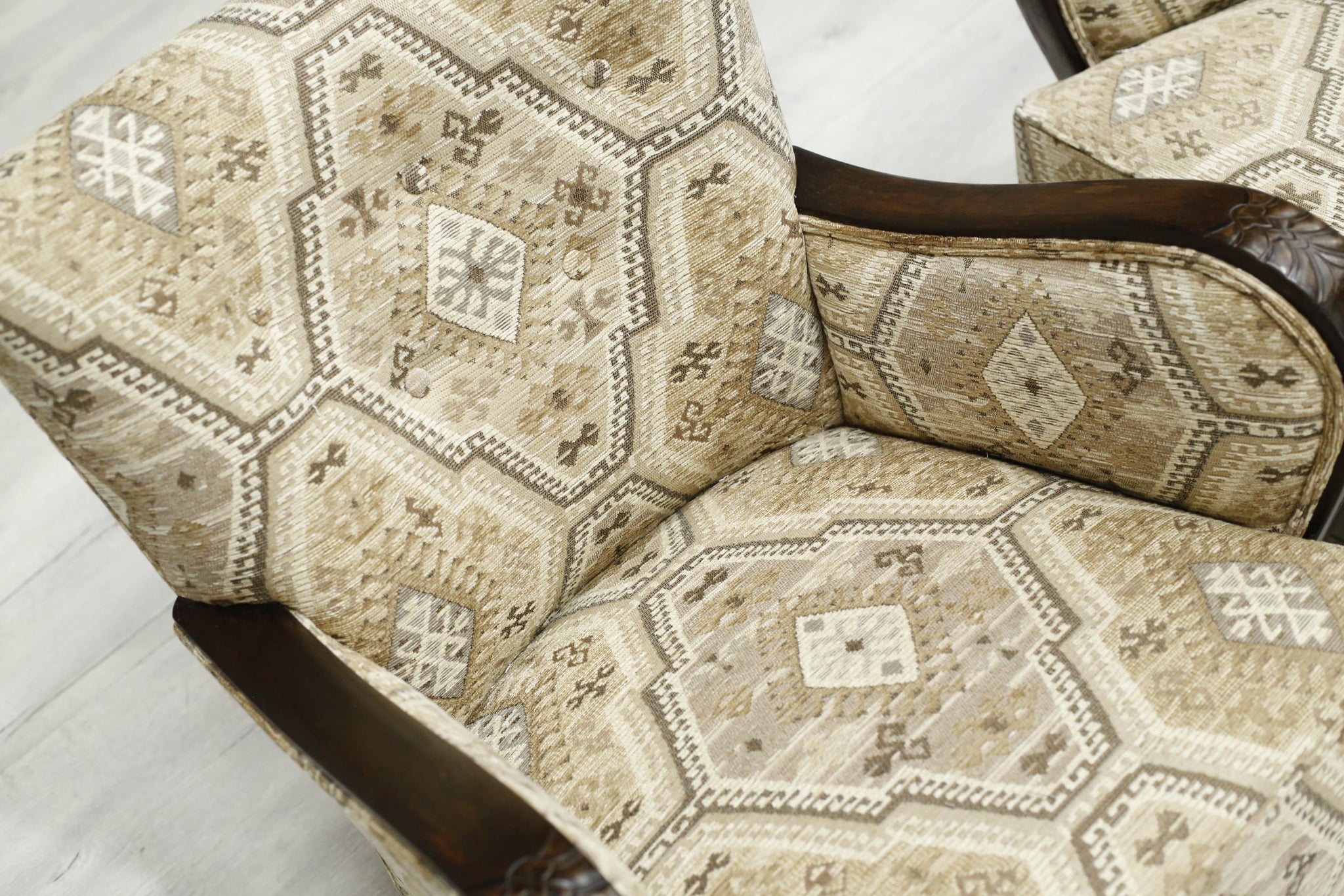 Mid century Swedish lounge chairs in Kilim fabric - TallBoy Interiors