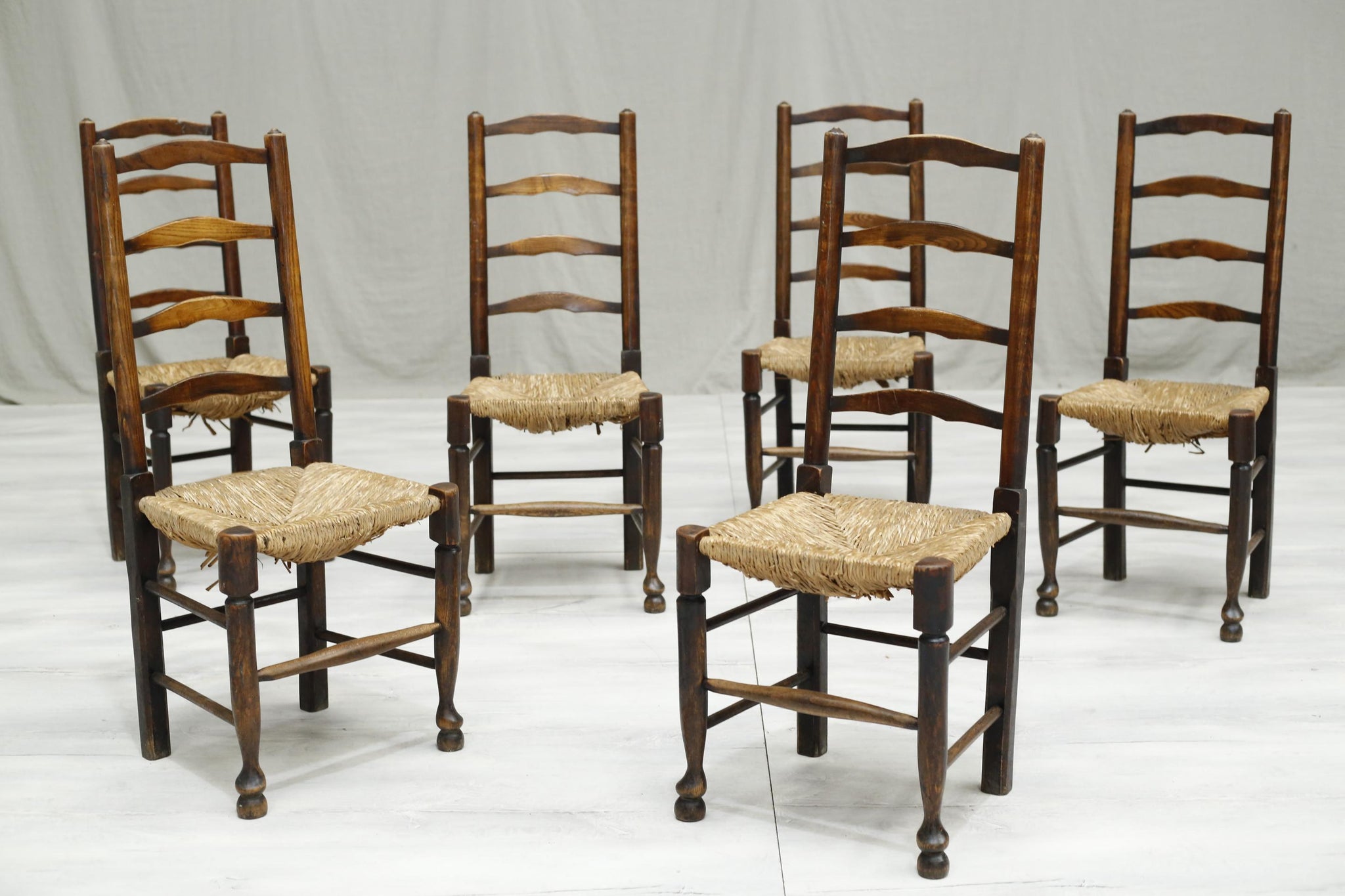 6x Antique farmhouse rush seated dining chairs - TallBoy Interiors