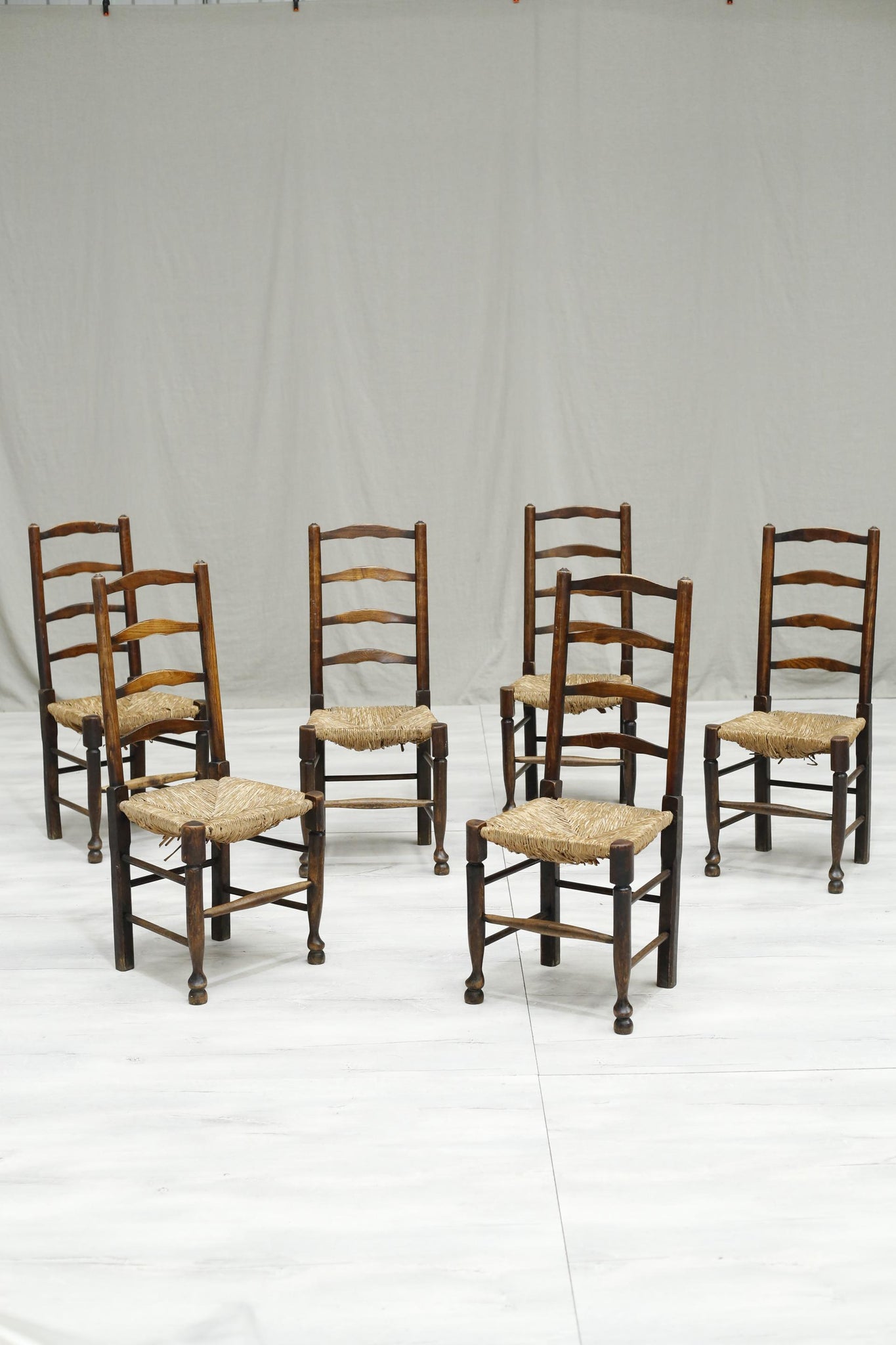 6x Antique farmhouse rush seated dining chairs - TallBoy Interiors