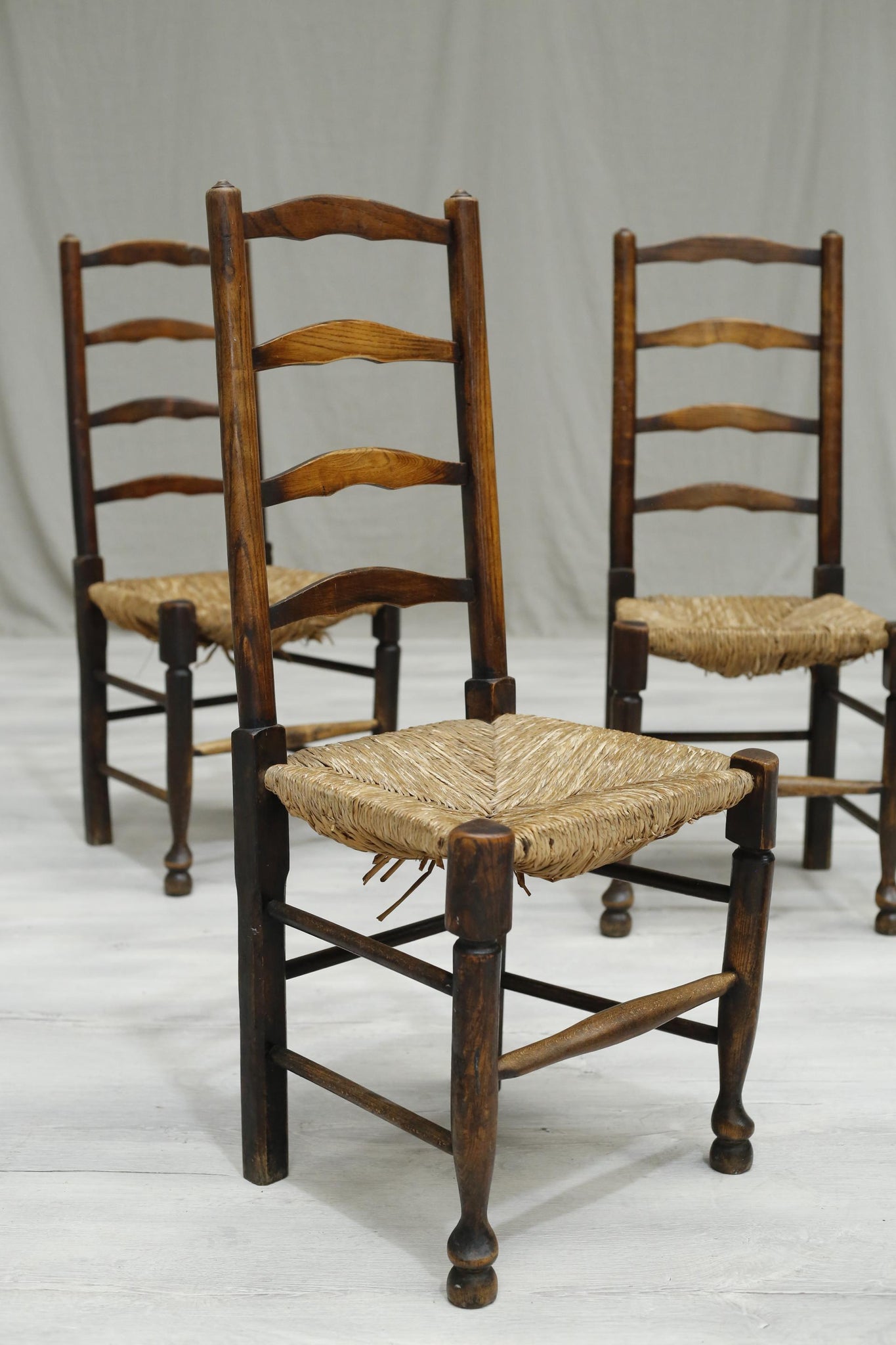 6x Antique farmhouse rush seated dining chairs - TallBoy Interiors