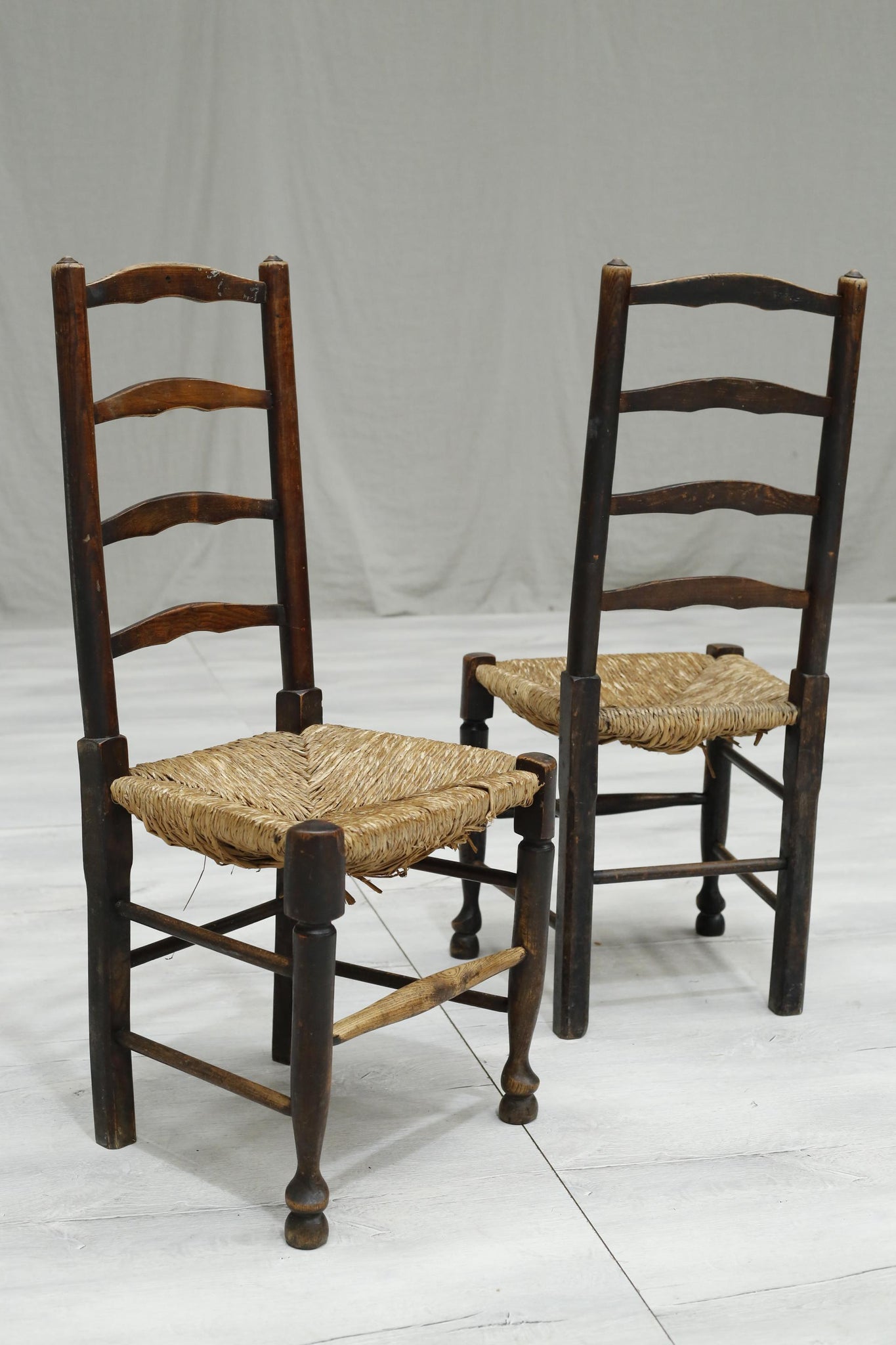 6x Antique farmhouse rush seated dining chairs - TallBoy Interiors