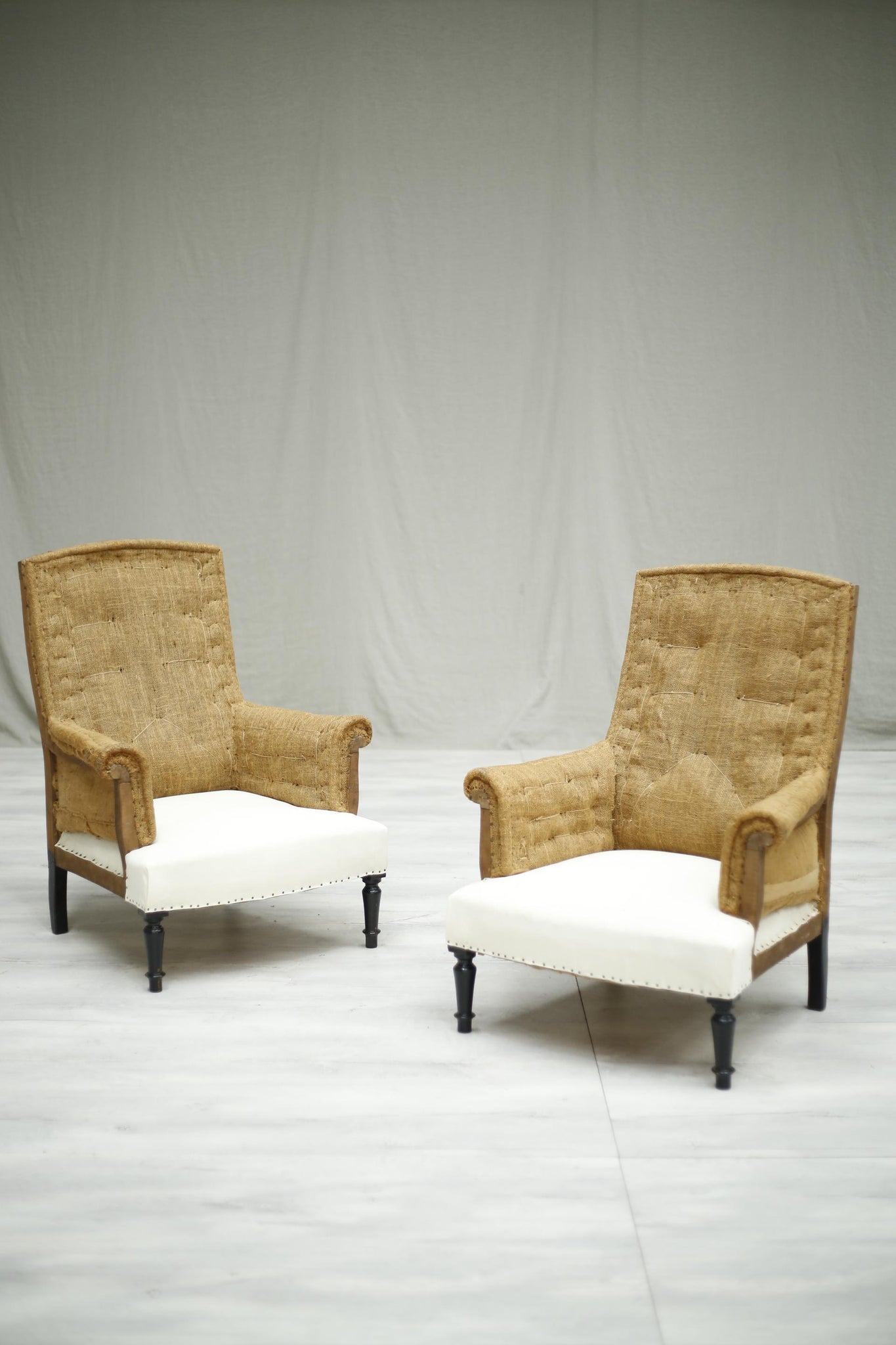 Pair of Antique Napoleon III hessian square back armchairs - TallBoy Interiors