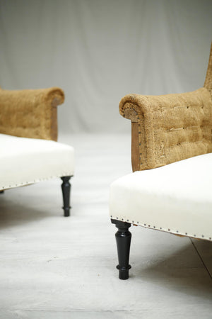 Pair of Antique Napoleon III hessian square back armchairs - TallBoy Interiors