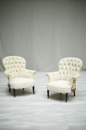 Pair of Antique Napoleon III French buttoned spoon back armchairs - TallBoy Interiors