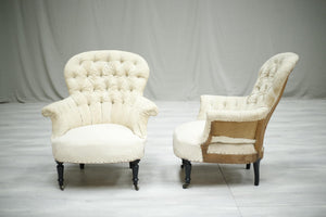 Pair of Antique Napoleon III French buttoned spoon back armchairs - TallBoy Interiors