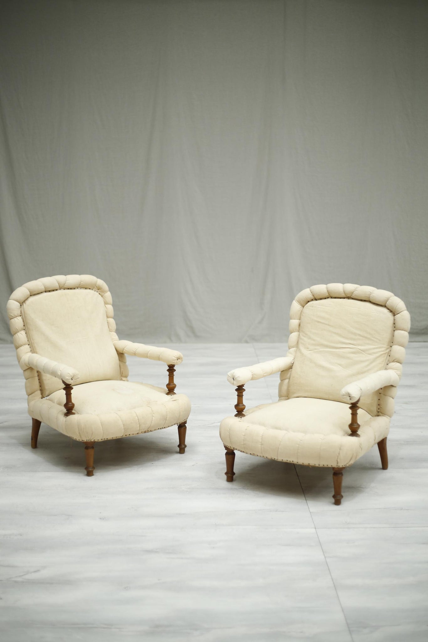 Pair of Antique 19th century French pie crust open armchairs - TallBoy Interiors