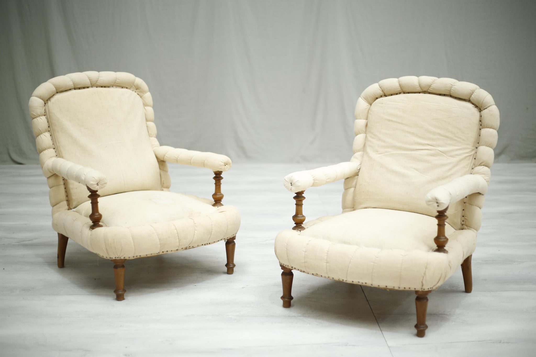 Pair of Antique 19th century French pie crust open armchairs - TallBoy Interiors