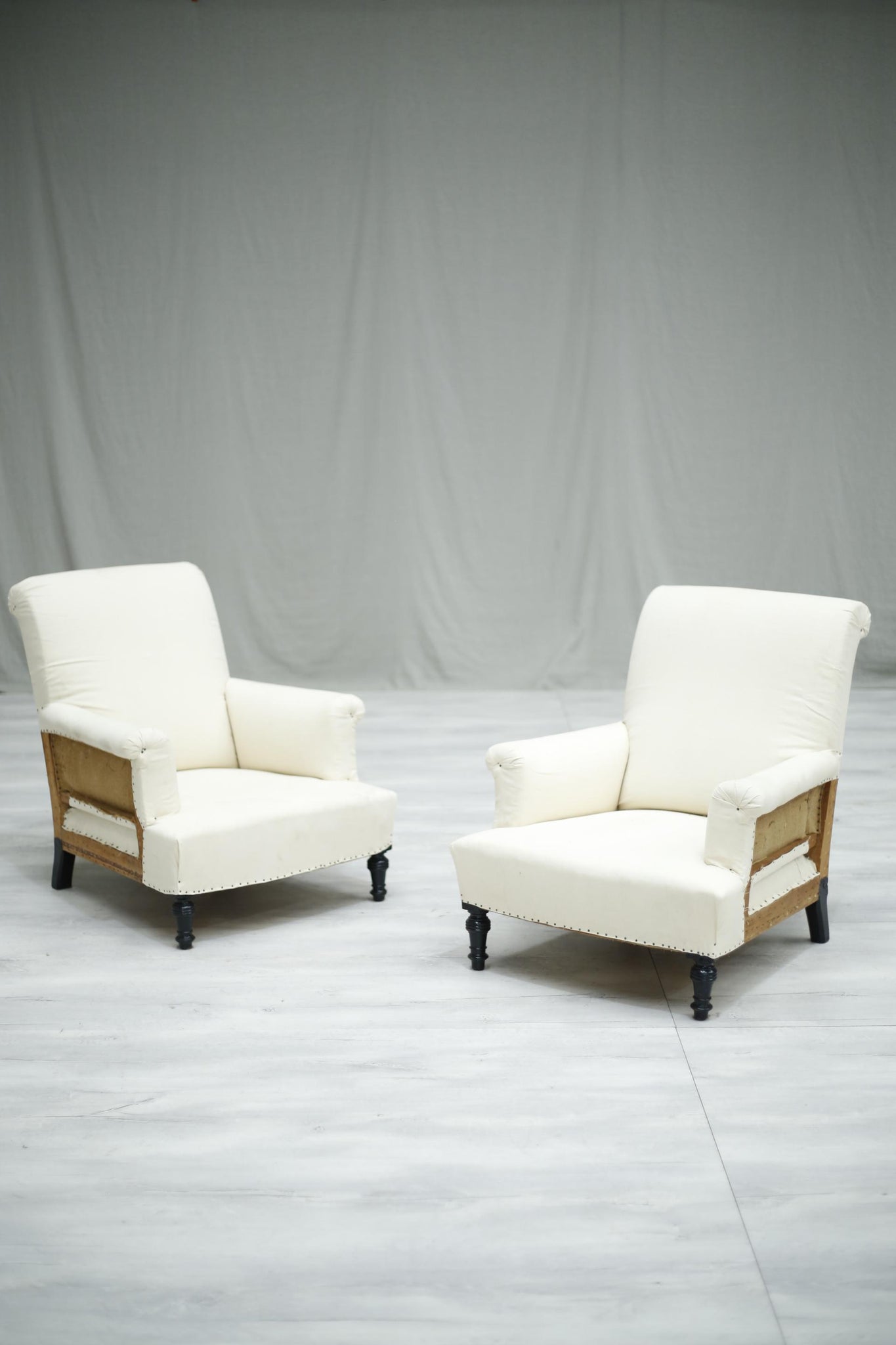 Pair of Antique French deep seated scroll back armchairs - TallBoy Interiors