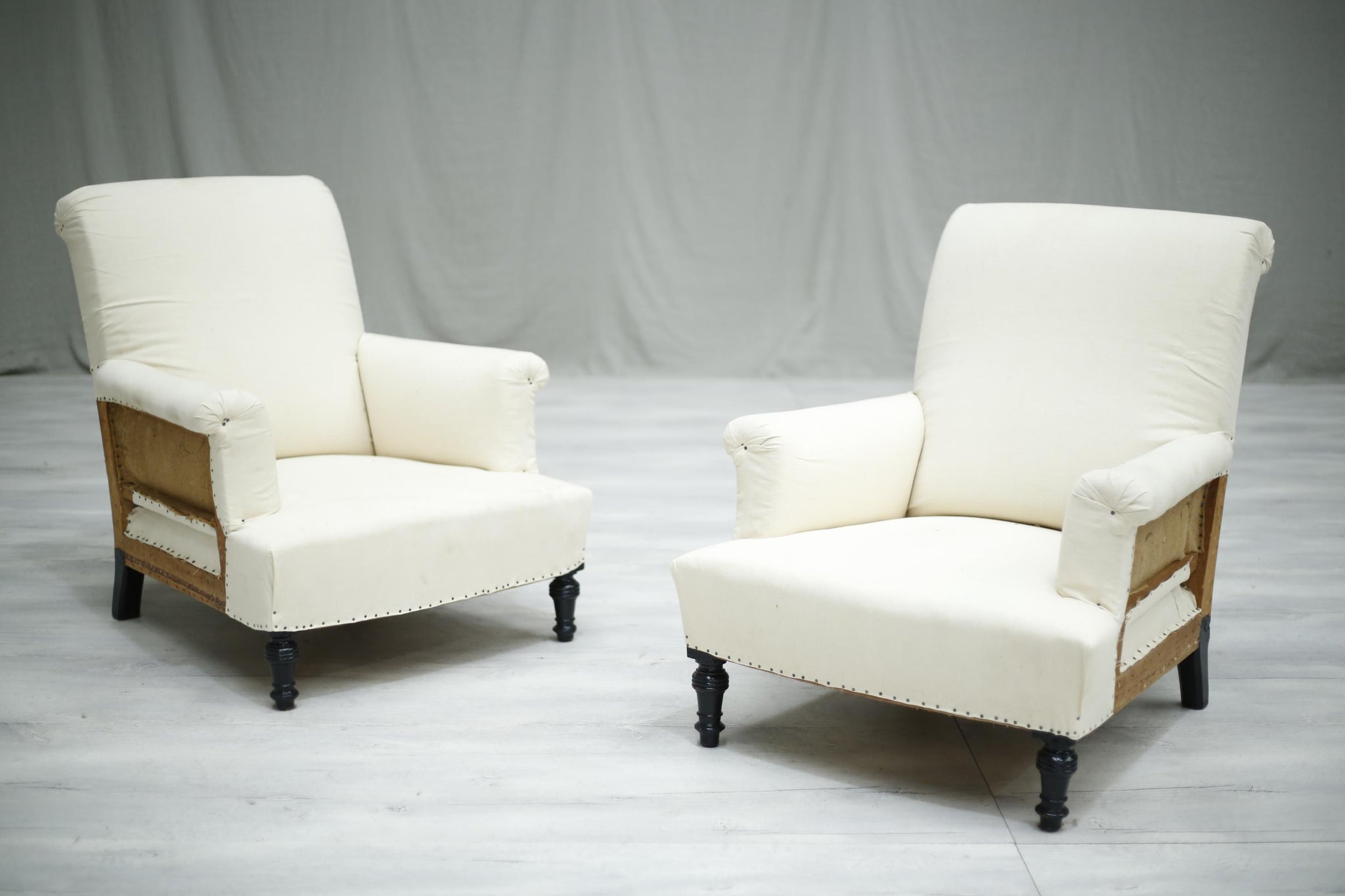 Pair of Antique French deep seated scroll back armchairs - TallBoy Interiors