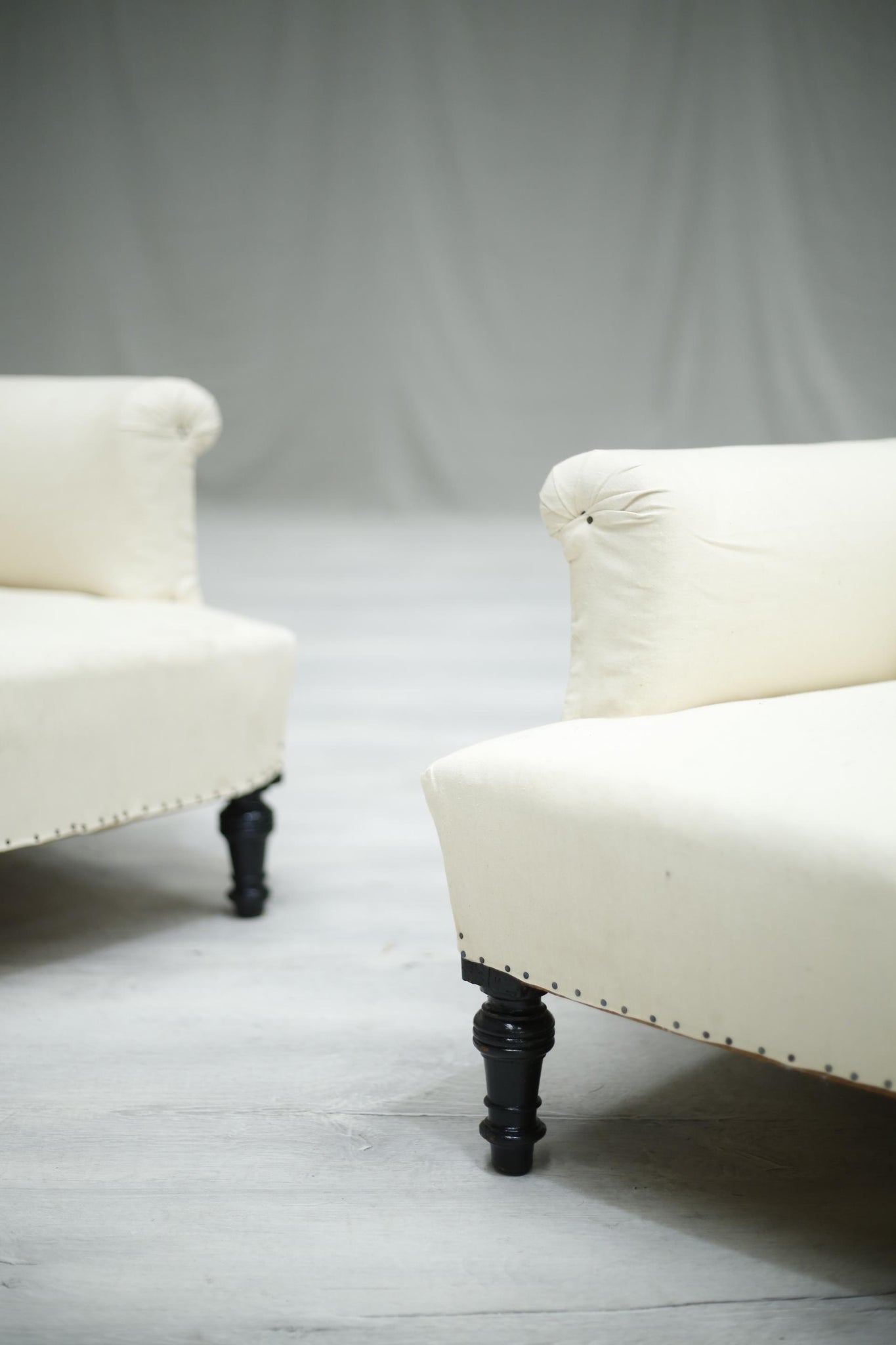 Pair of Antique French deep seated scroll back armchairs - TallBoy Interiors