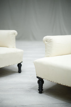 Pair of Antique French deep seated scroll back armchairs - TallBoy Interiors