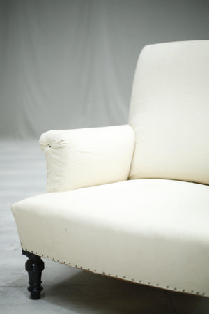 Pair of Antique French deep seated scroll back armchairs - TallBoy Interiors