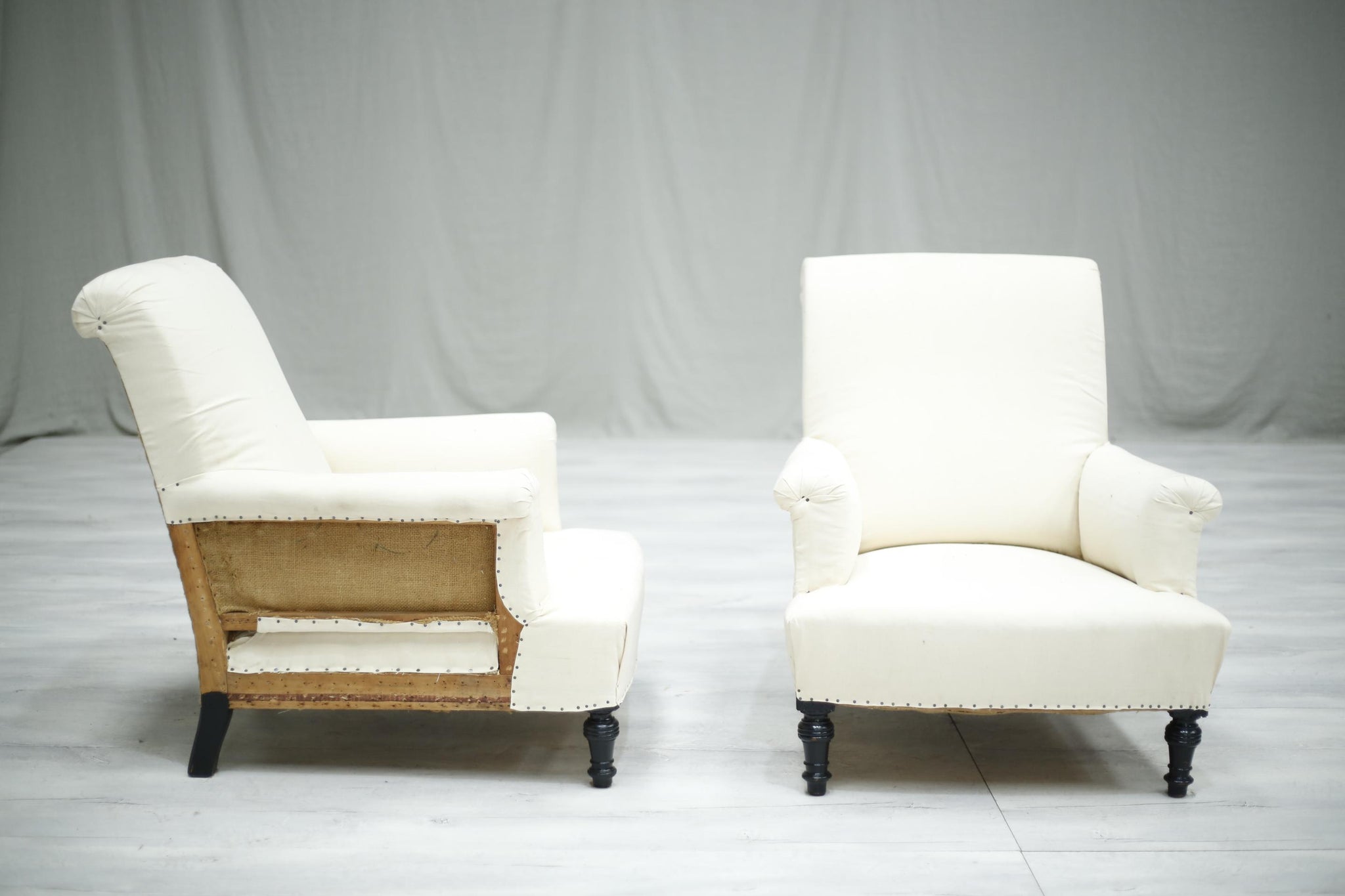Pair of Antique French deep seated scroll back armchairs - TallBoy Interiors