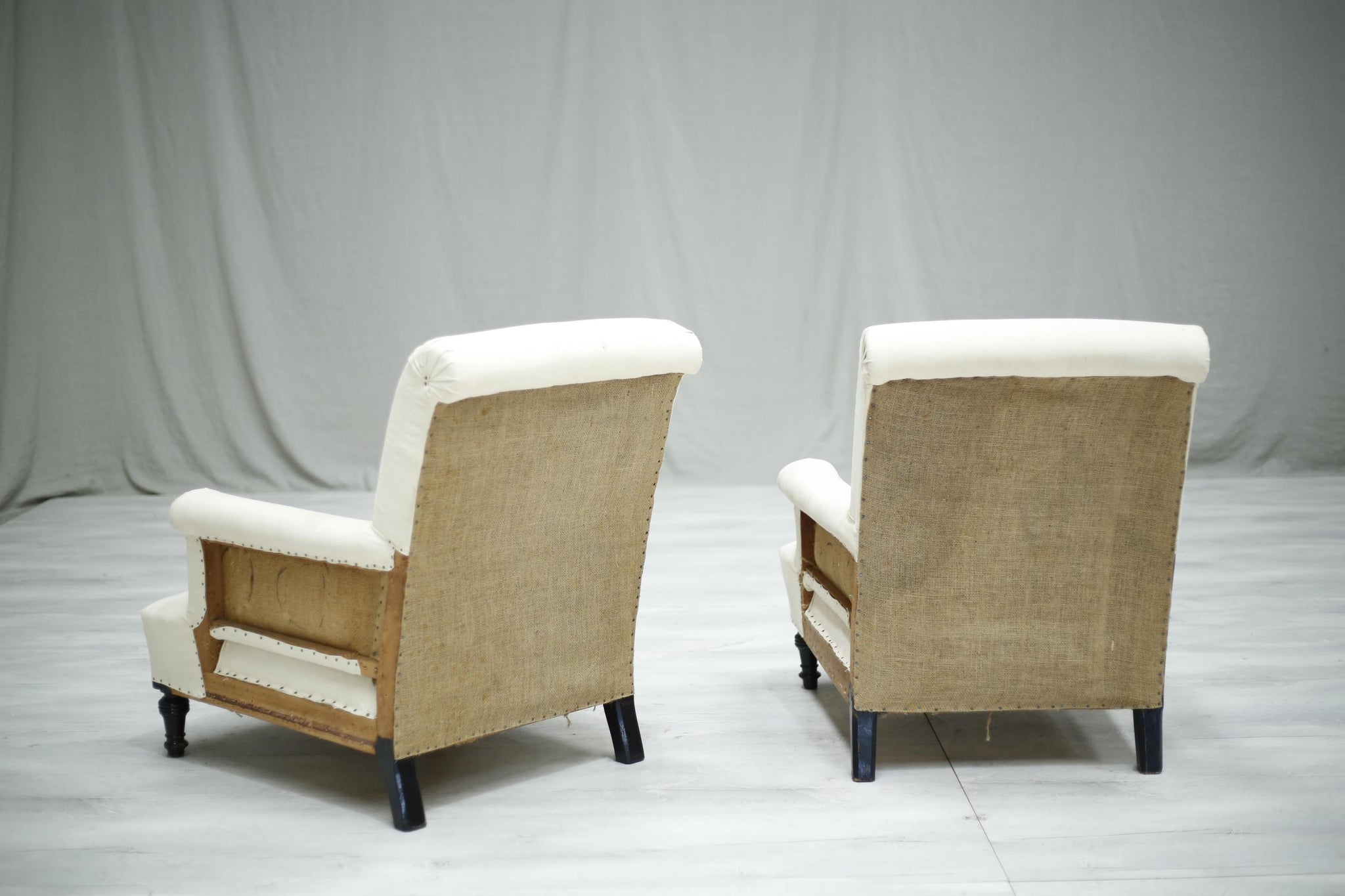 Pair of Antique French deep seated scroll back armchairs - TallBoy Interiors