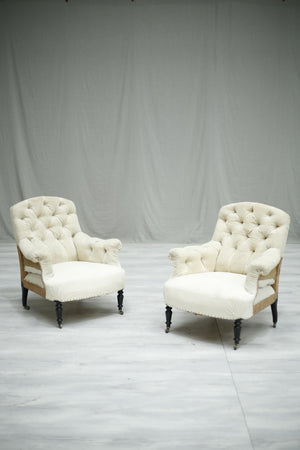 Pair of Antique French Napoleon III curved buttoned back armchairs - TallBoy Interiors