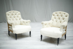 Pair of Antique French Napoleon III curved buttoned back armchairs - TallBoy Interiors