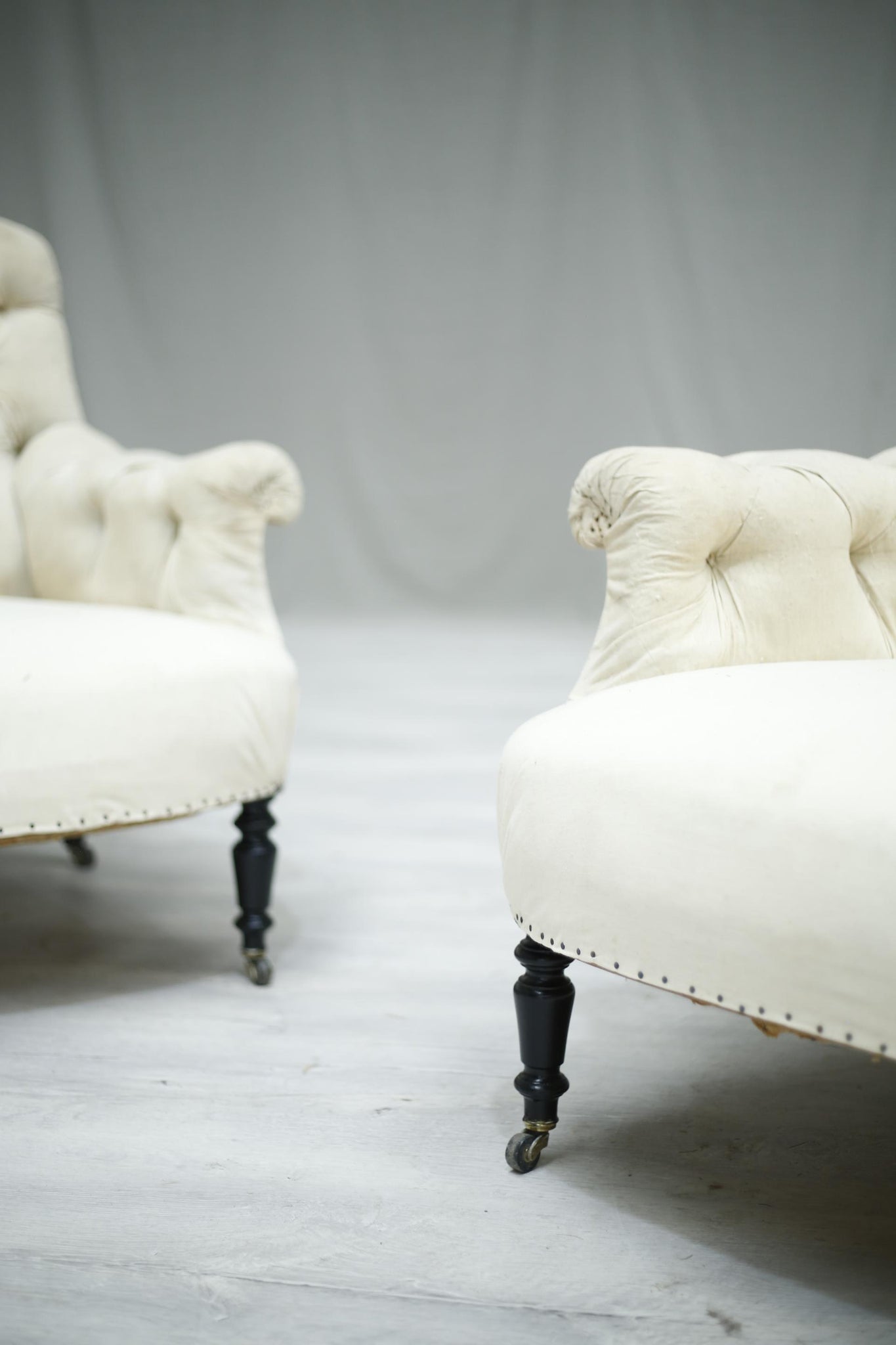 Pair of Antique French Napoleon III curved buttoned back armchairs - TallBoy Interiors