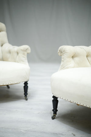 Pair of Antique French Napoleon III curved buttoned back armchairs - TallBoy Interiors