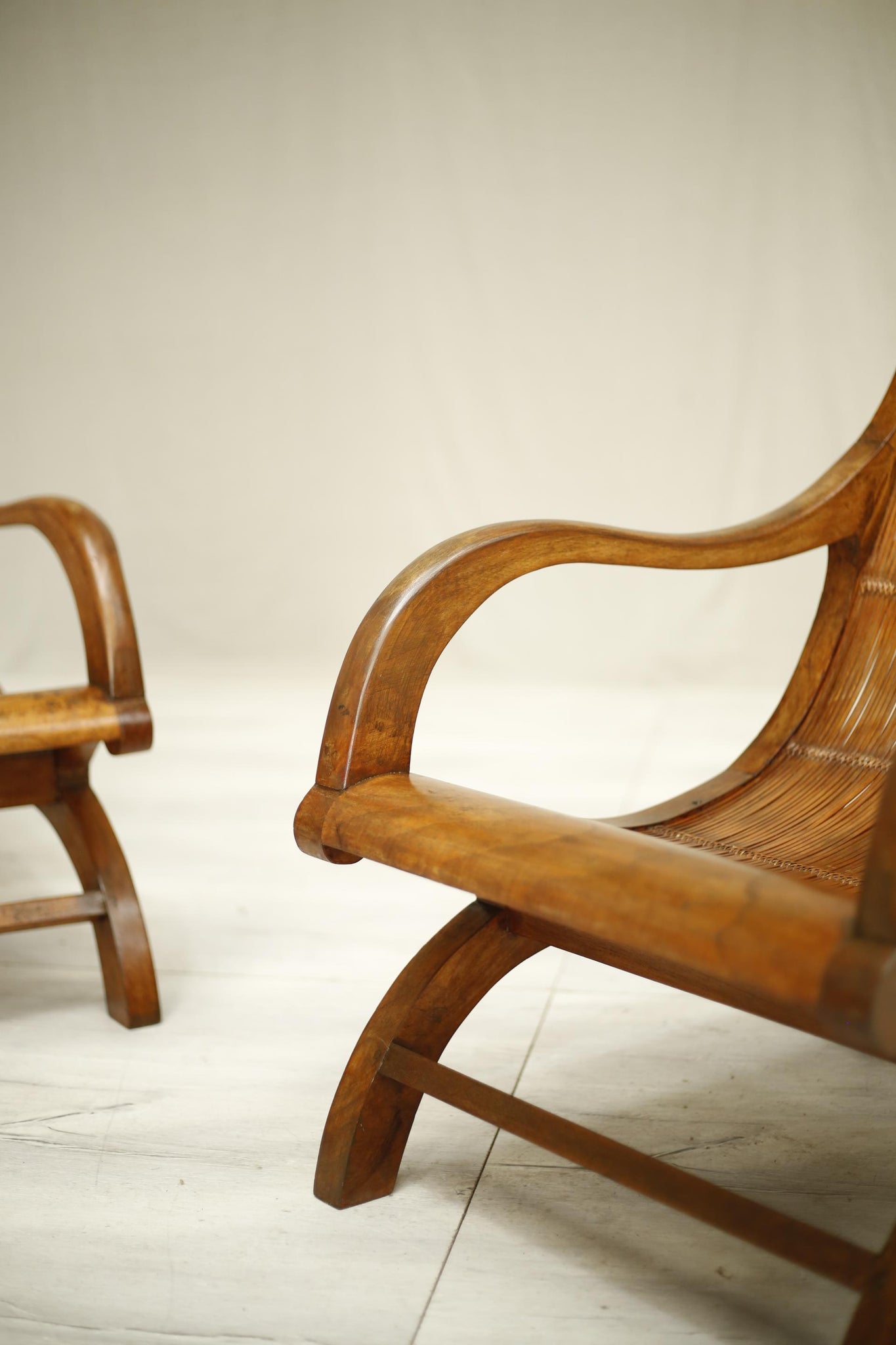 Pair of Antique 20th century Teak and slatted bamboo armchairs - TallBoy Interiors