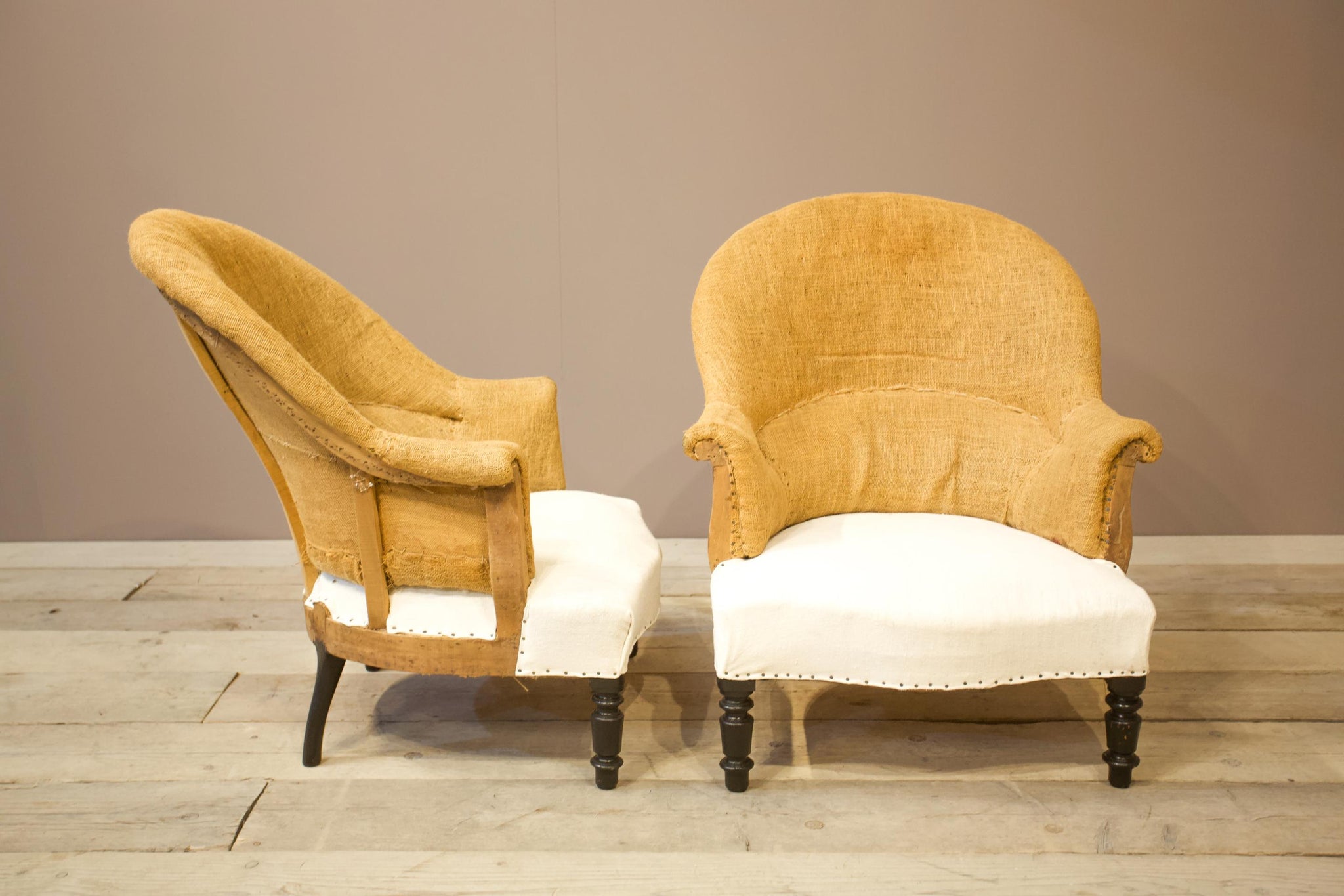 Pair of Napoleon III plain curved back armchairs