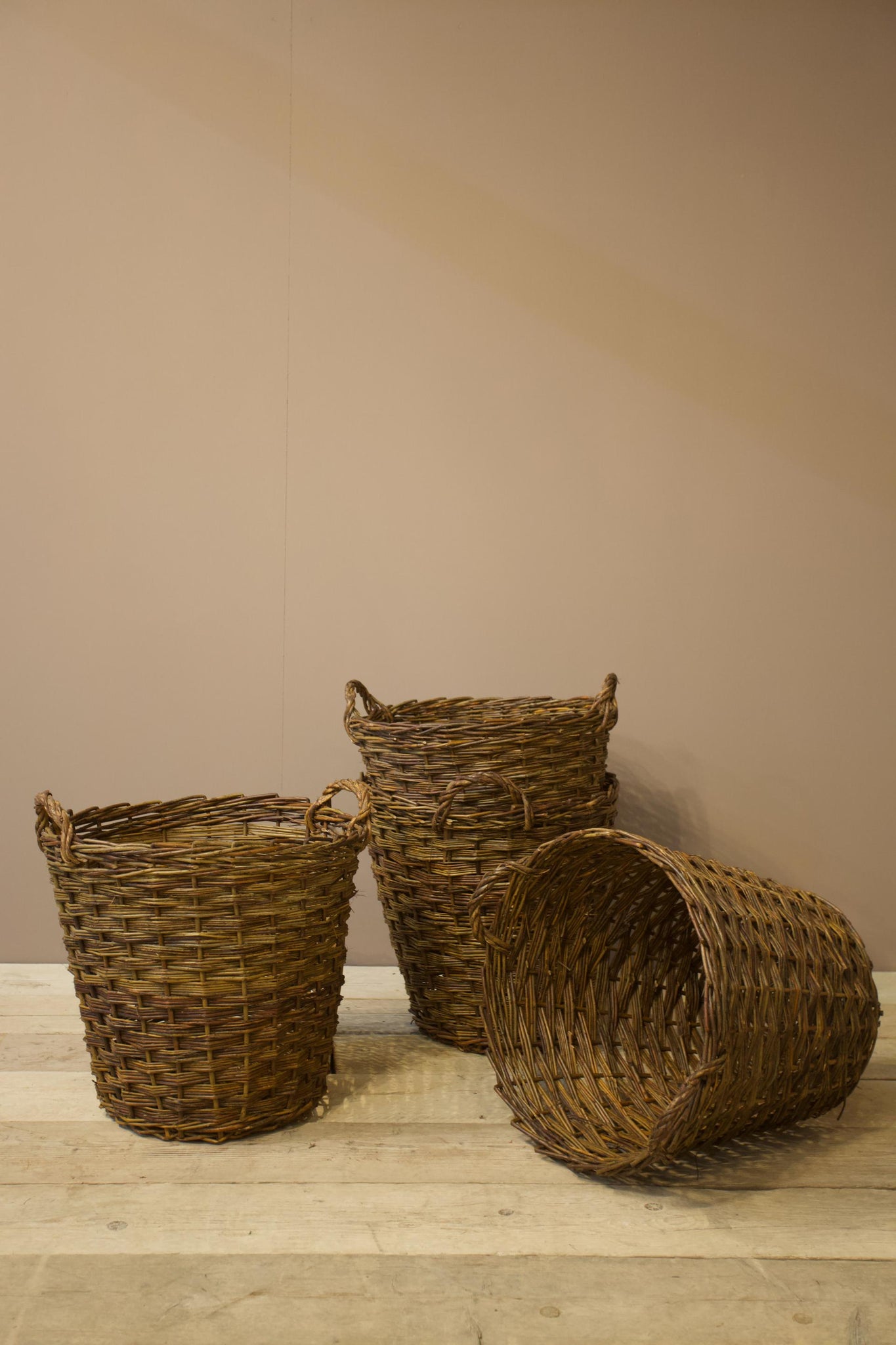 Vintage woven willow log baskets - Large dark
