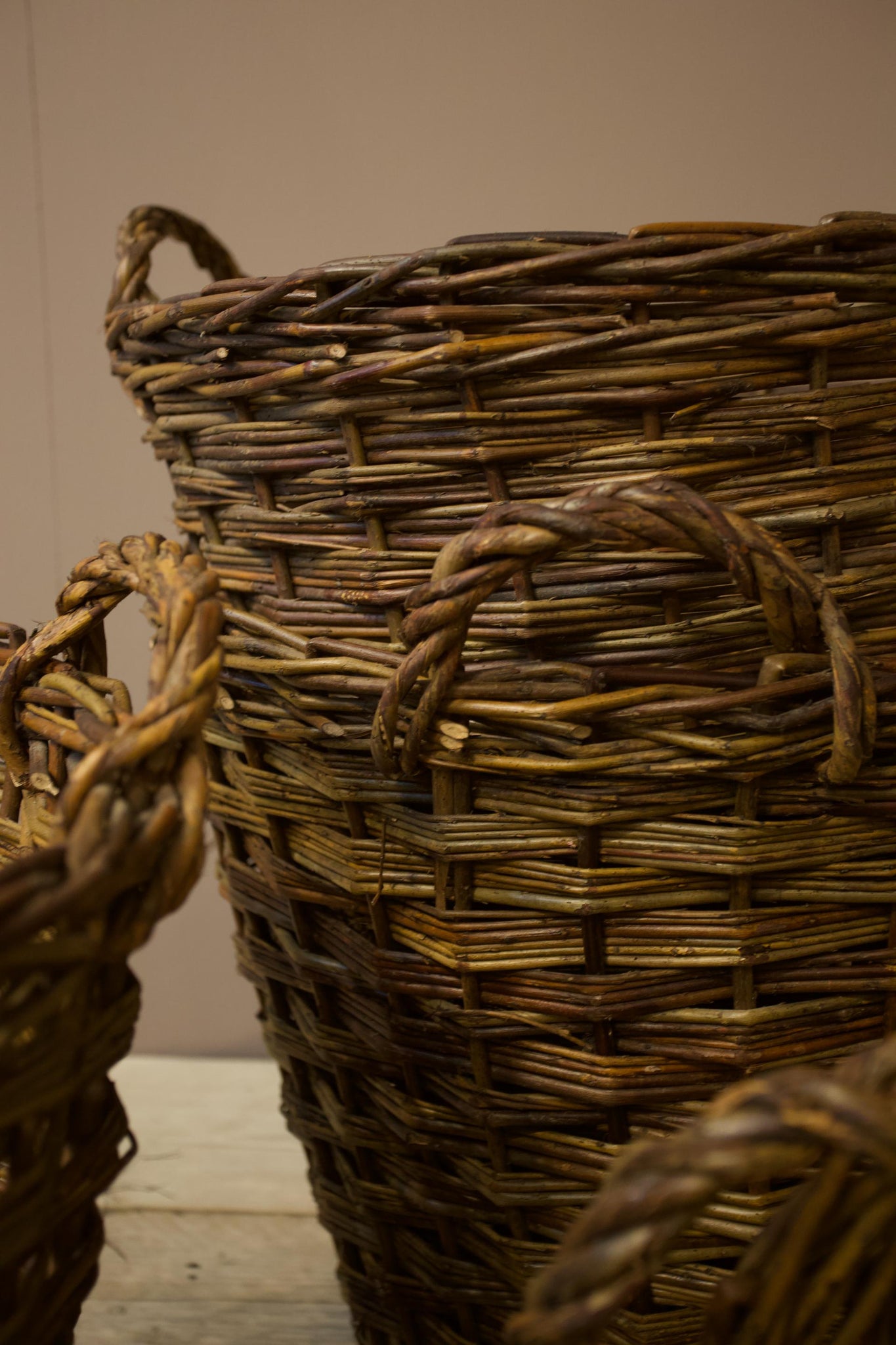 Vintage woven willow log baskets - Large dark