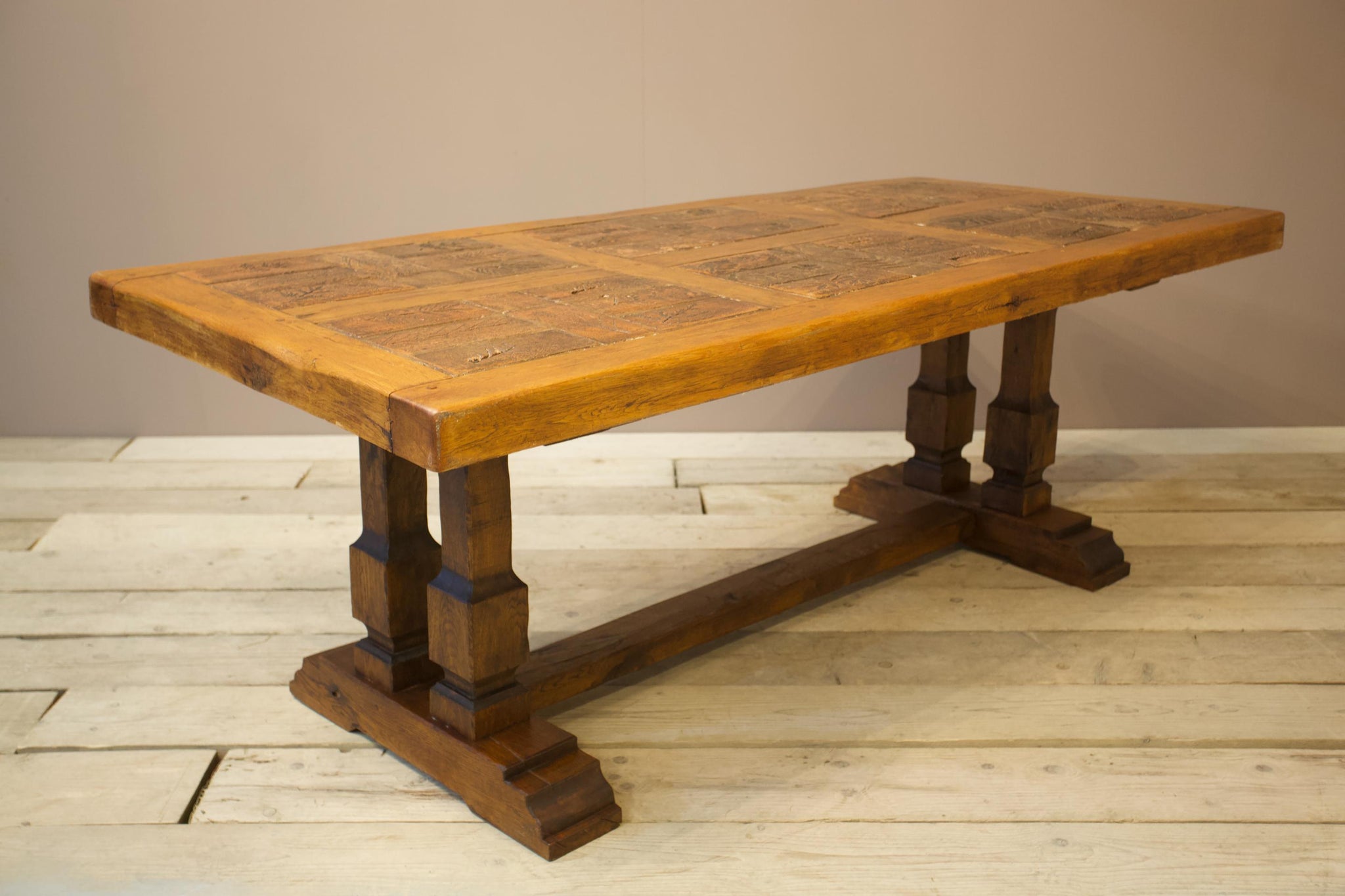 20th century Brutalist oak and terracotta tile dining table