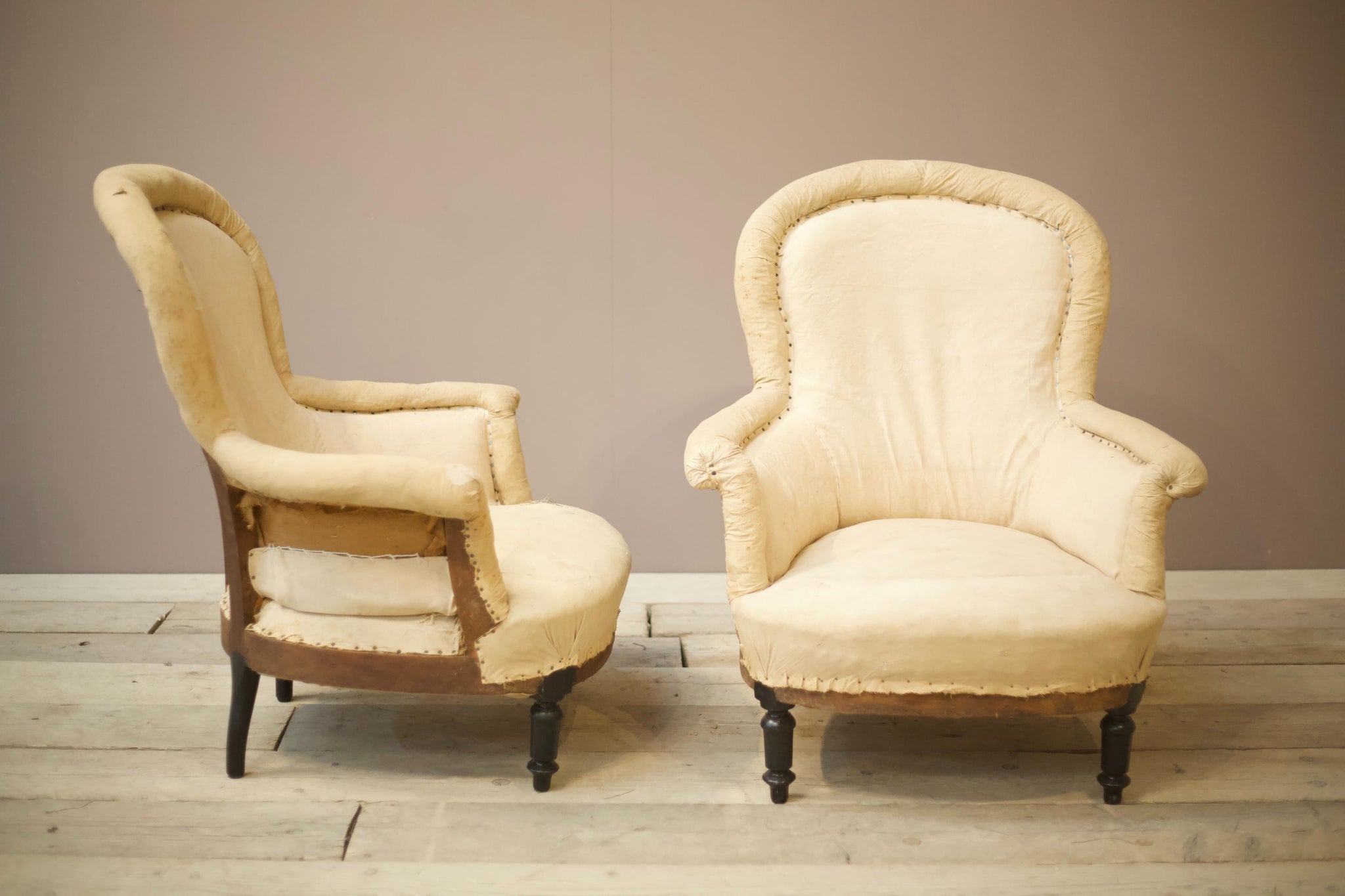 Pair of Napoleon III Plain Piecrust armchairs