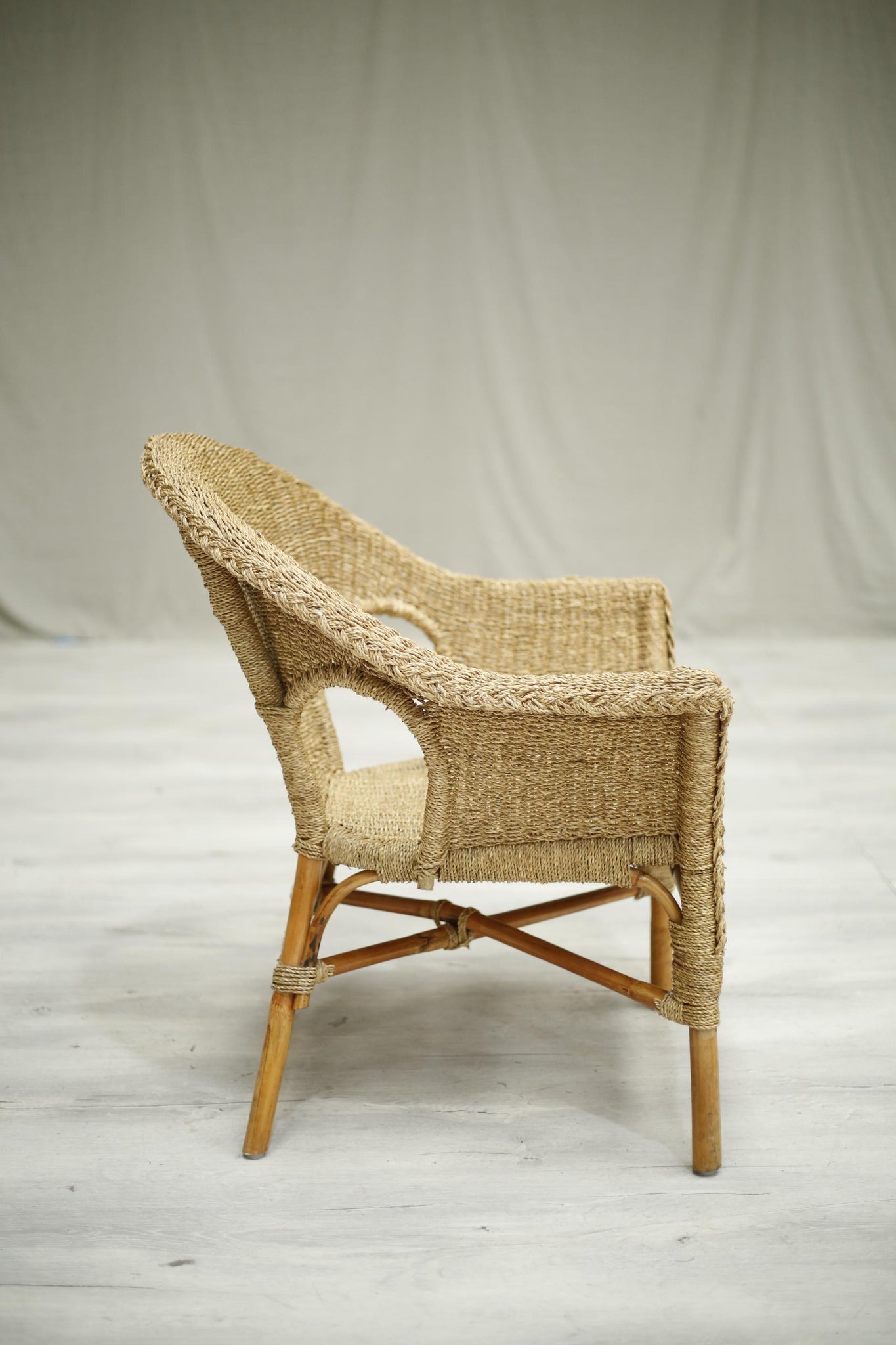 Vintage rope seated armchair with jute side table