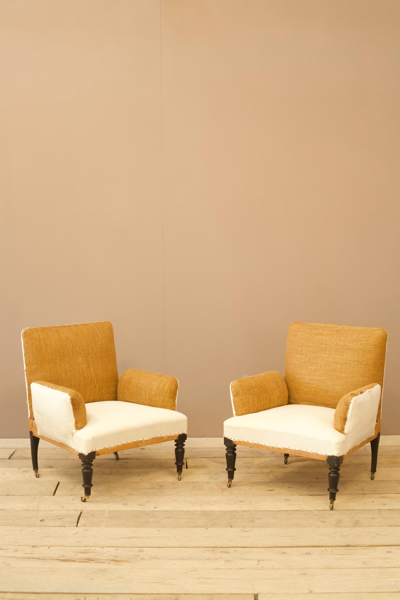 Pair of unusual French square cushioned arm armchairs