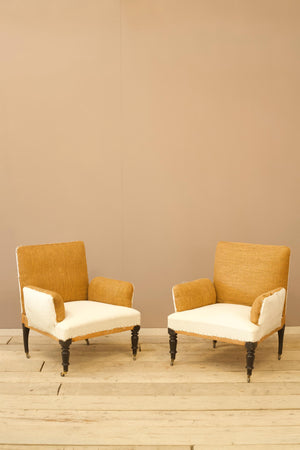 Pair of unusual French square cushioned arm armchairs