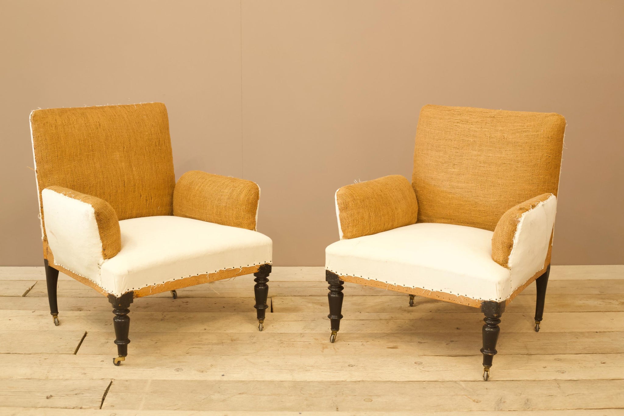 Pair of unusual French square cushioned arm armchairs