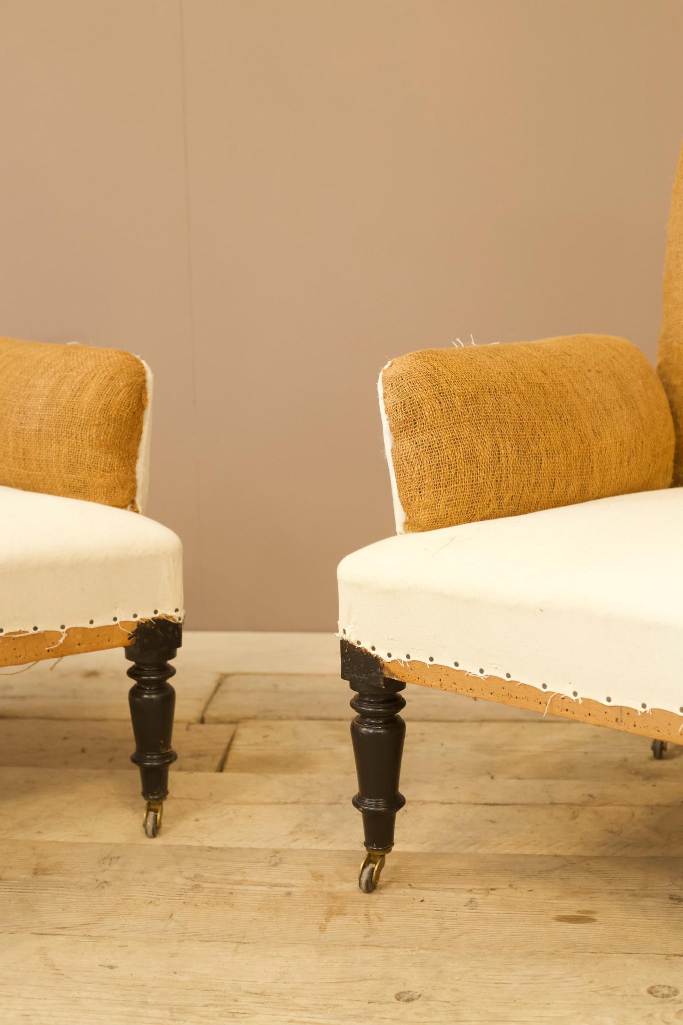 Pair of unusual French square cushioned arm armchairs
