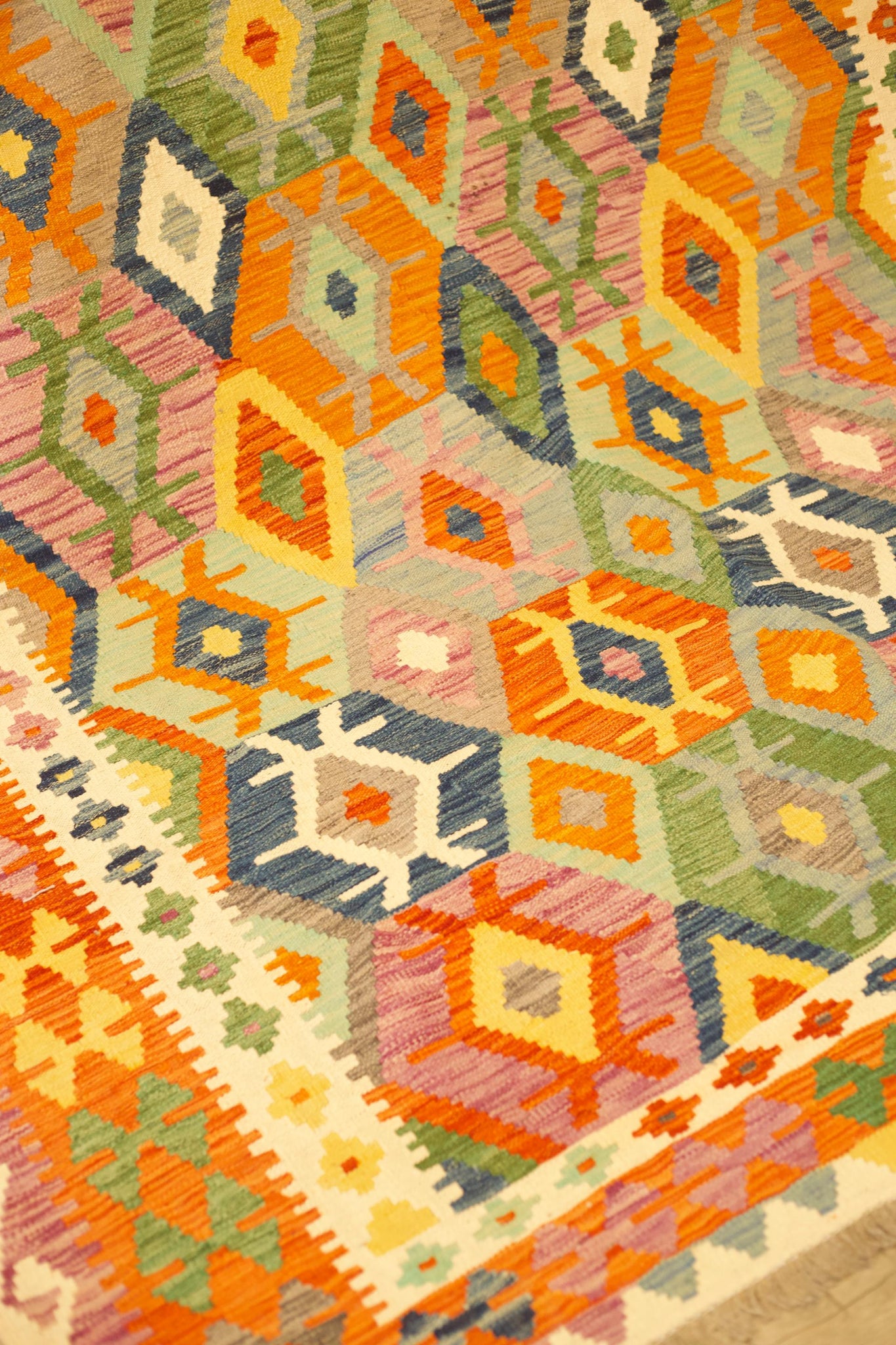 Contemporary Afghan Kilim rug - Green and Orange