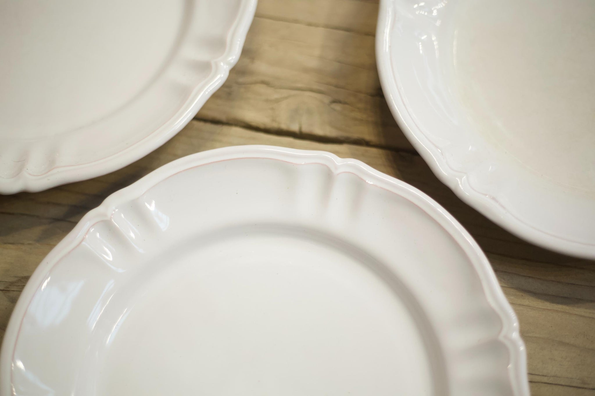 Vintage French White porcelain dinner plates - pink edge