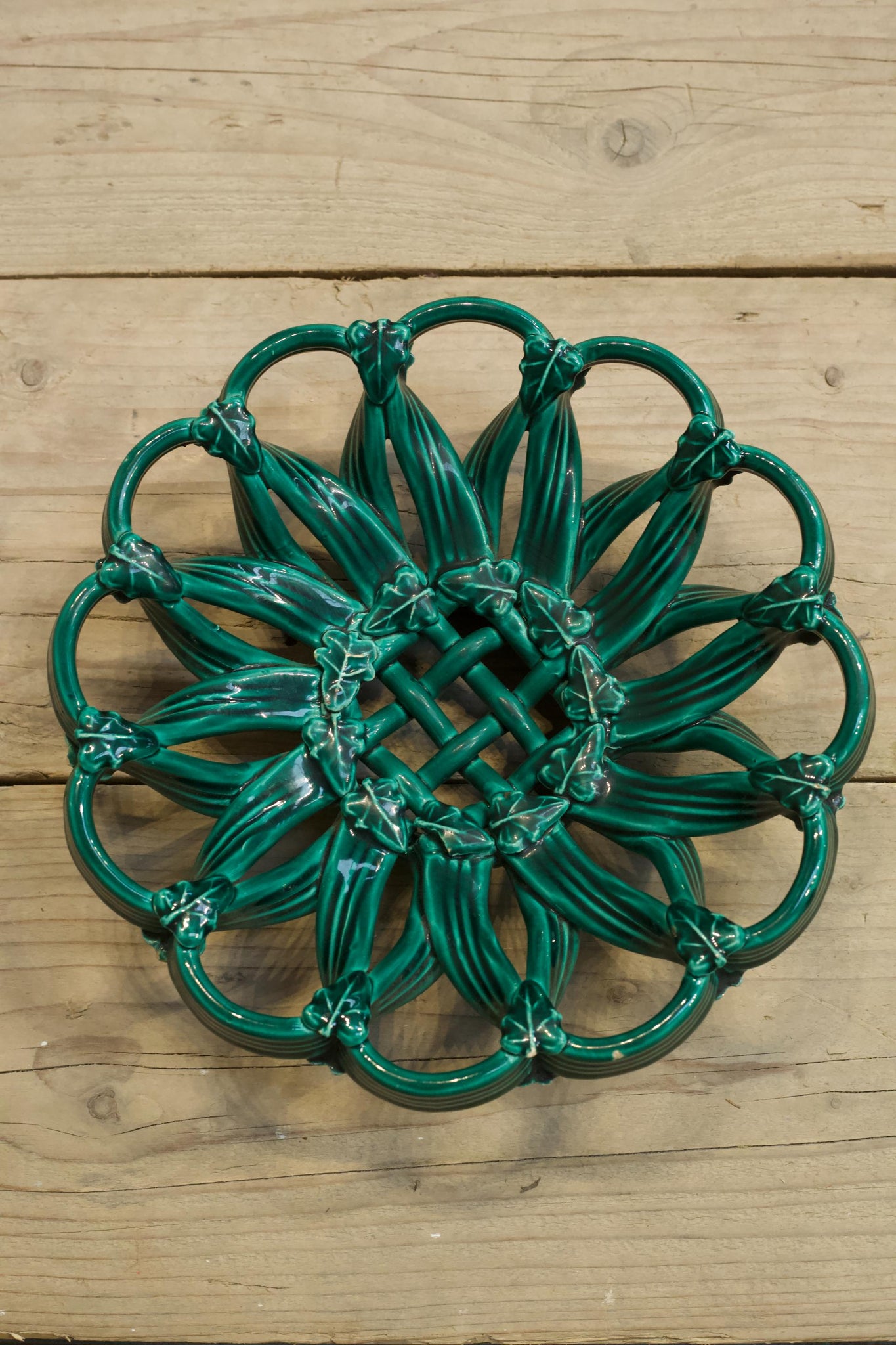 Vintage French green glazed basket weave pottery dish