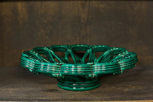 Vintage French green glazed basket weave pottery dish