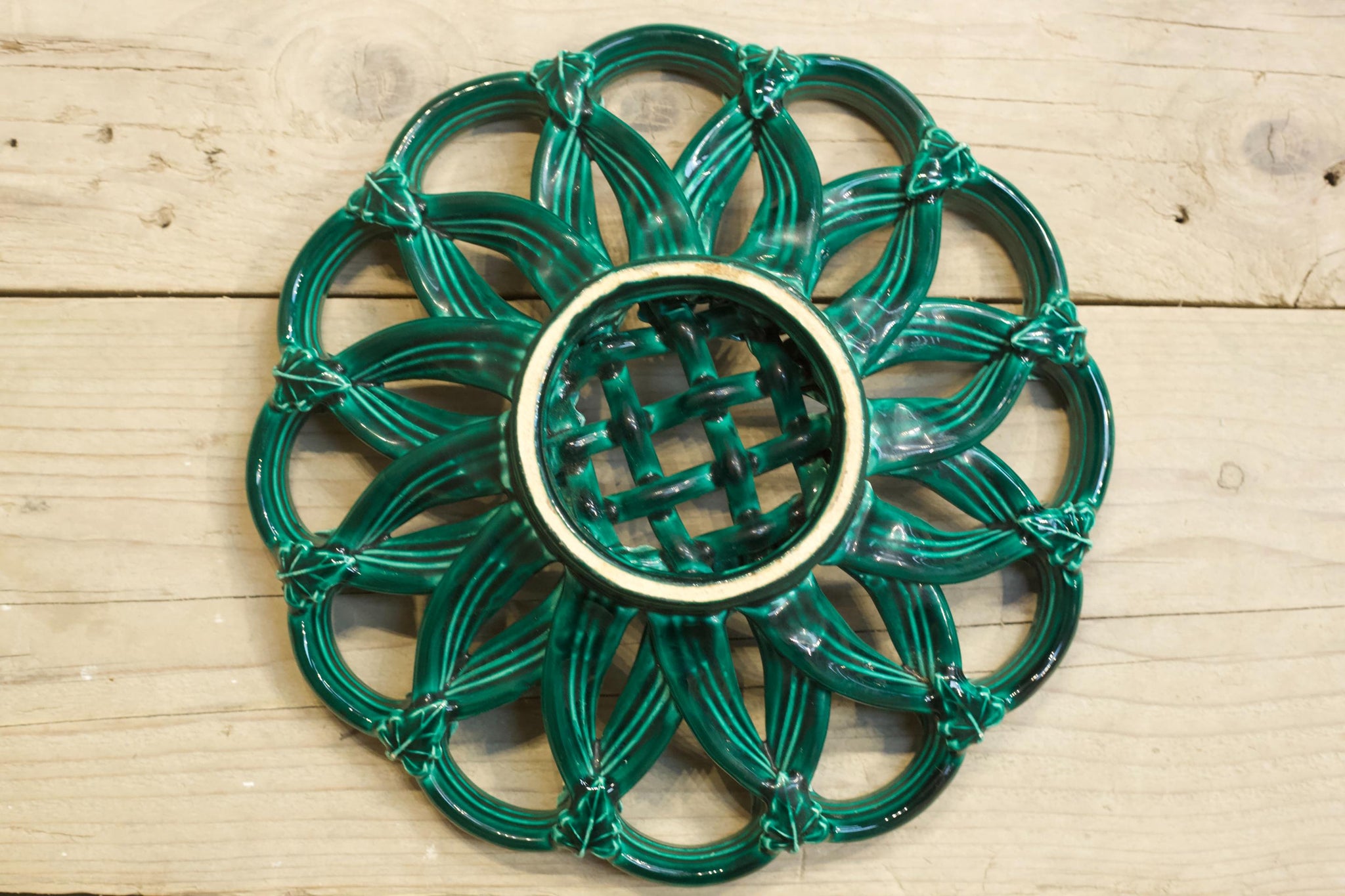 Vintage French green glazed basket weave pottery dish
